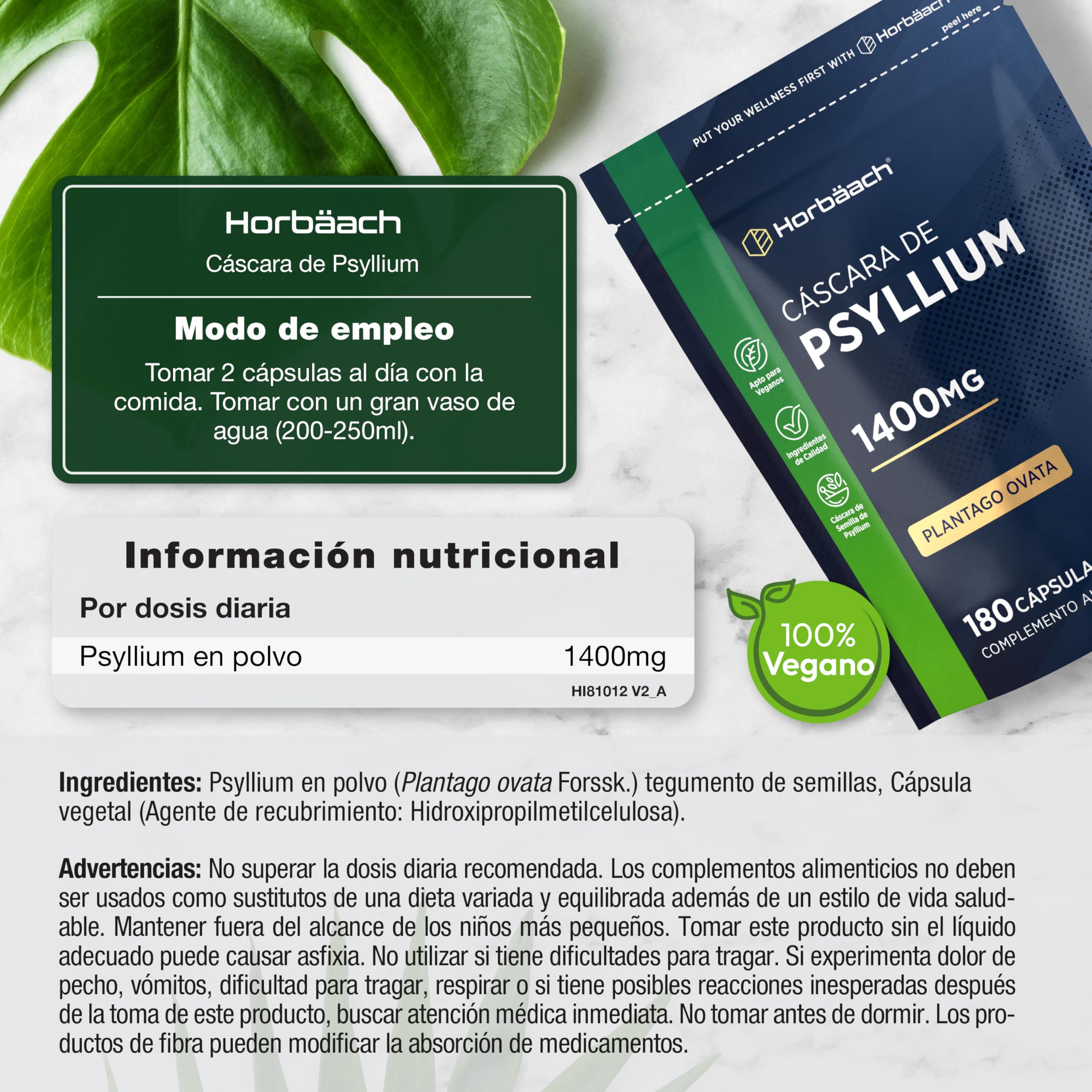 Psyllium Husk 1400 mg | Cáscara de Psyllium | 180 Cápsulas Veganas | Fibra de Psilio | Suplemento Fuente de fibra | Prebiótico Natural | Horbaach