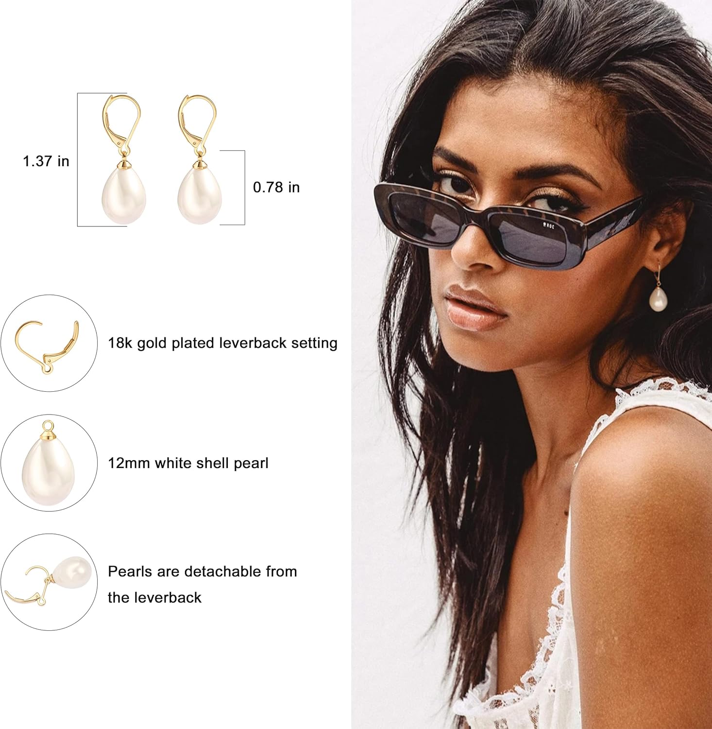 Handpicked White Pearl Earrings 18k Gold Plated Leverback Dangle Stud Pearl Earrings Jewelry for Women - Image 5