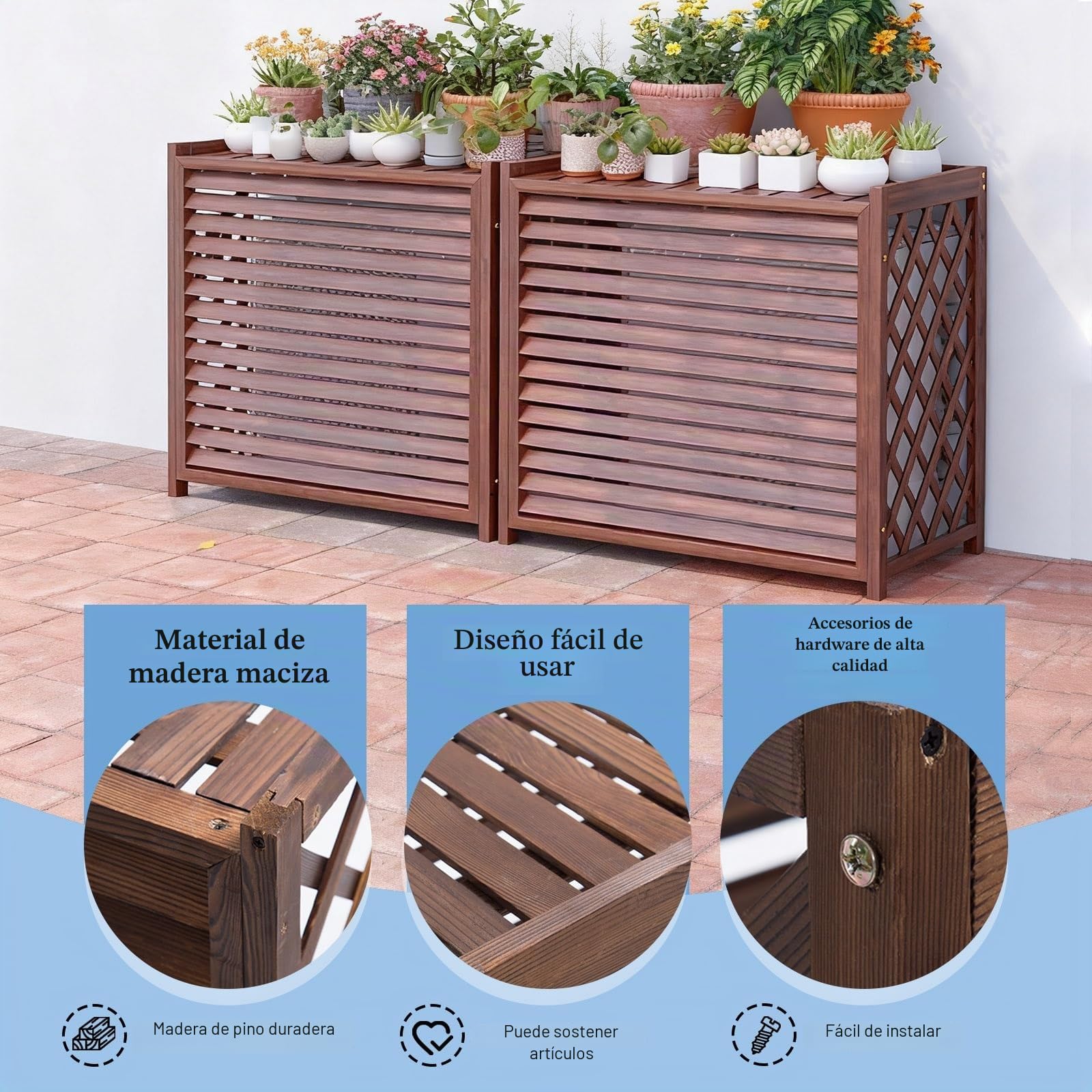 Cubre Aire Acondicionado Exterior Madera Vallas De Madera Decoración Terraza Funda Para Aire Acondicionado Exterior Grande Protector Aire Acondicionado Exterior Soporte Para Plantas(100x44x93cm)
