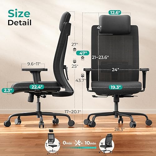 Miniatura 2 de Silla de oficina ergonómica de 350 libras de capacidad, 90-135 con bloqueo de inclinación y respaldo alto, con soporte lumbar ajustable,