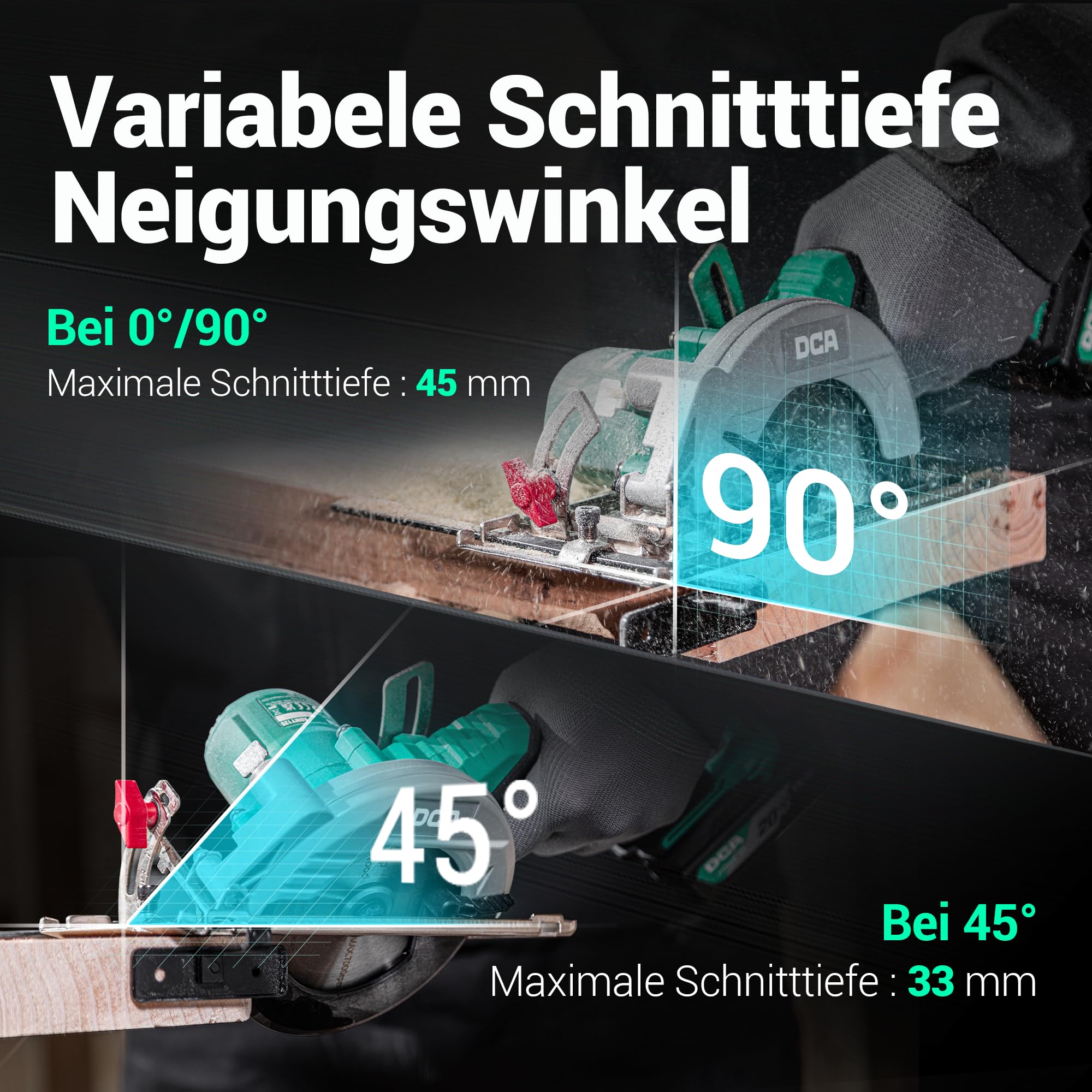 DCA Bezprzewodowa mini piła tarczowa z 2 prędkościami 6700/4200 obr./min, bateria 20 V 4,0 Ah, 3 ostrza Ø125 mm i prowadnica, głębokość cięcia 45 mm (90°)/33 mm (45°), do drewna, tworzywa sztucznego
