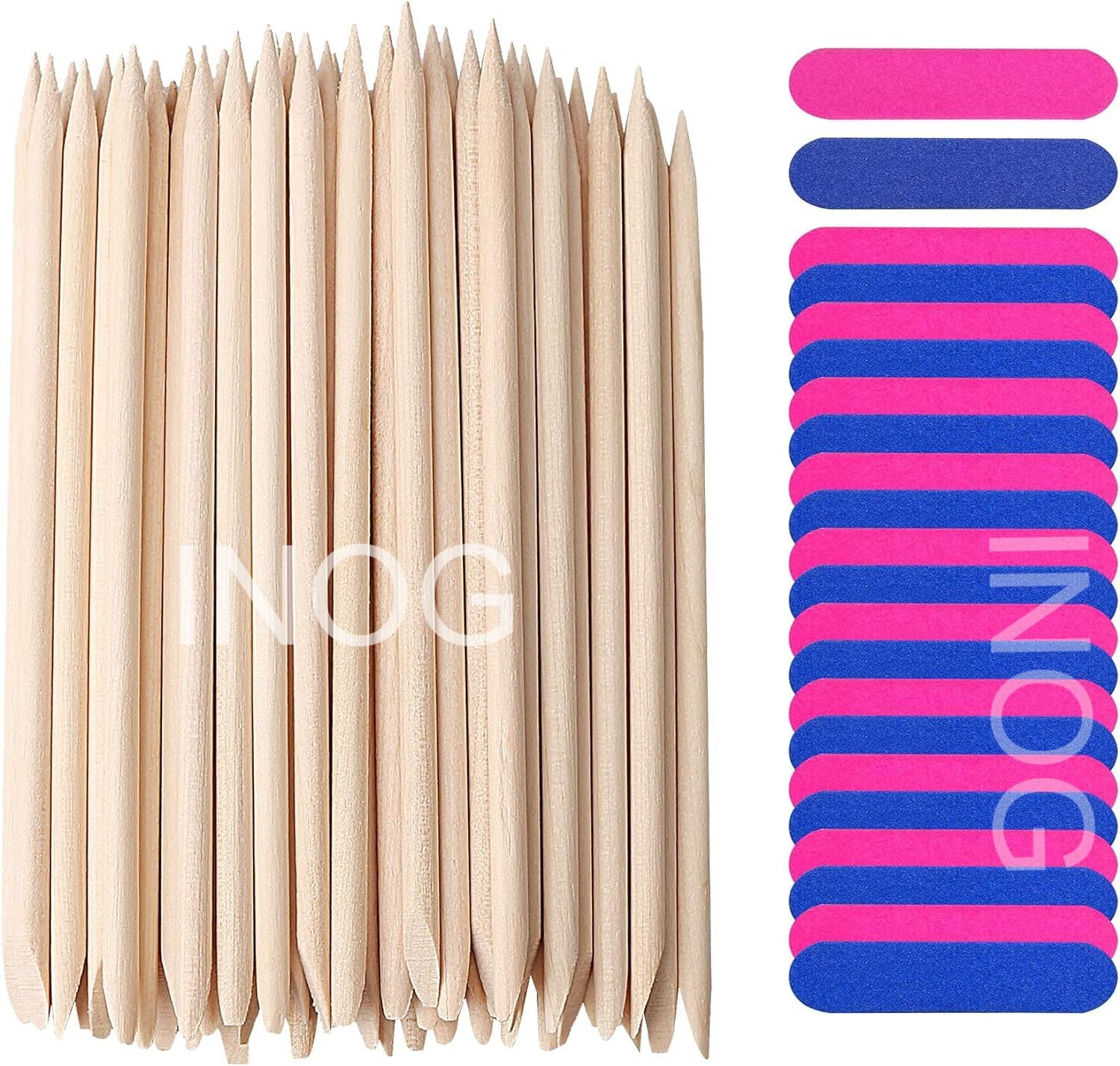 INOG 200 Pcs Nail Art Pedicure Tools, 100 Pcs Mini Nail Files Double Sided Fingernail Files Emery Boards and 100 Pcs Nail Cuticle Sticks Orange Sticks for Nails-image-44