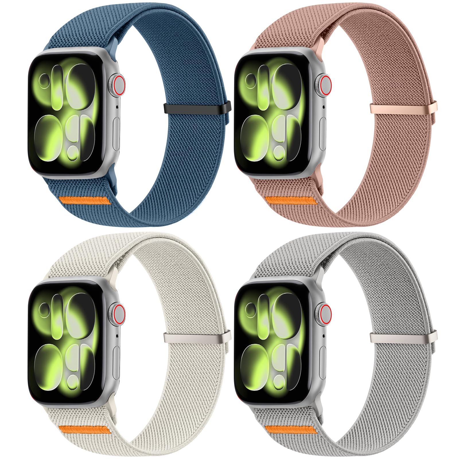 4 Pack Braided Solo Loop Strap for Apple Watch Straps 42mm 44mm 45mm 46mm 49mm, Adjustable Nylon Stretchy Elastic Sport Band for iWatch Series 11 10 9 8 7 6 5 4 3 2 1 SE Ultra, Women Men 4-PACK 04