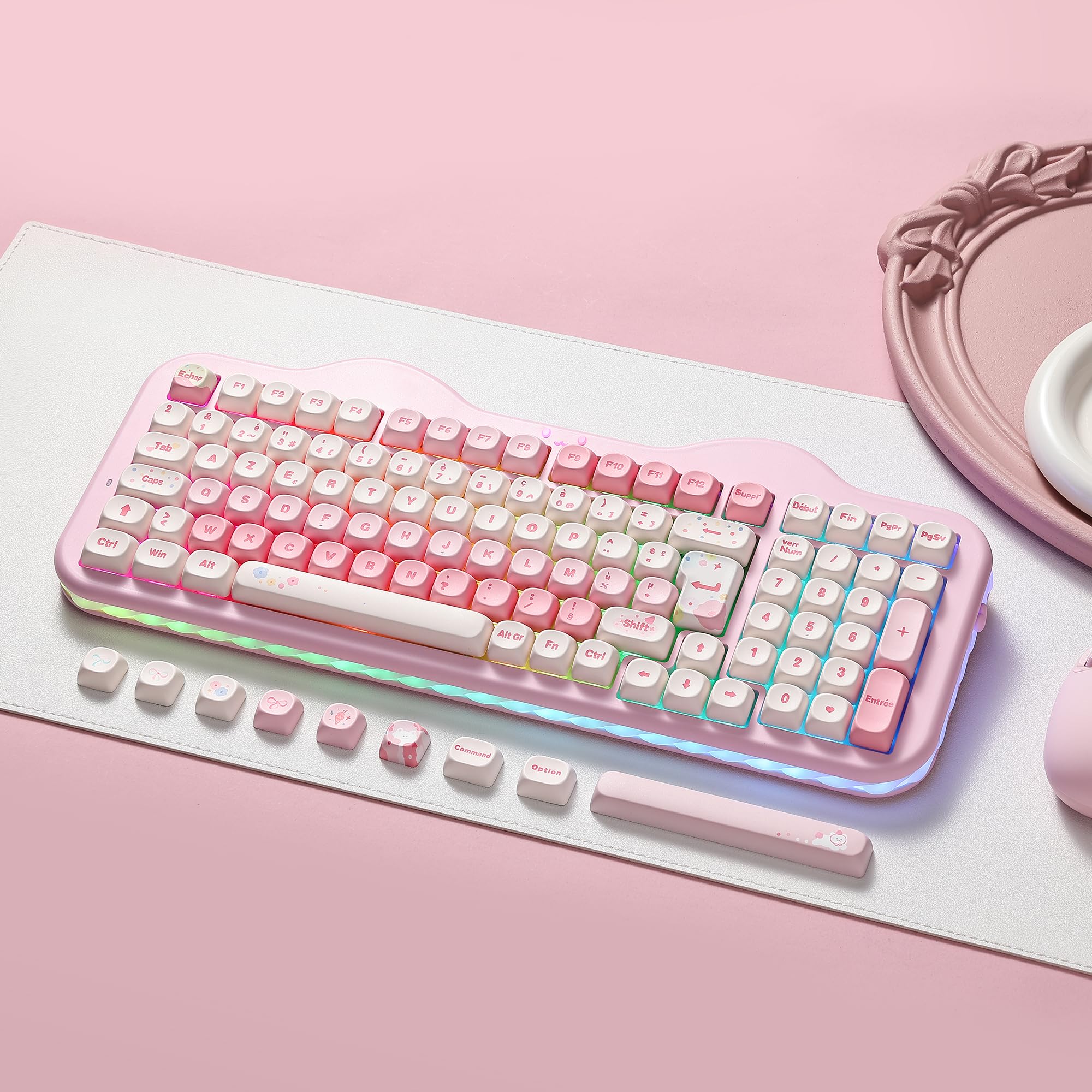YUNZII C98 AZERTY Clavier Gamer Mécanique sans Fil Gâteaux (Rose, Milk V2)