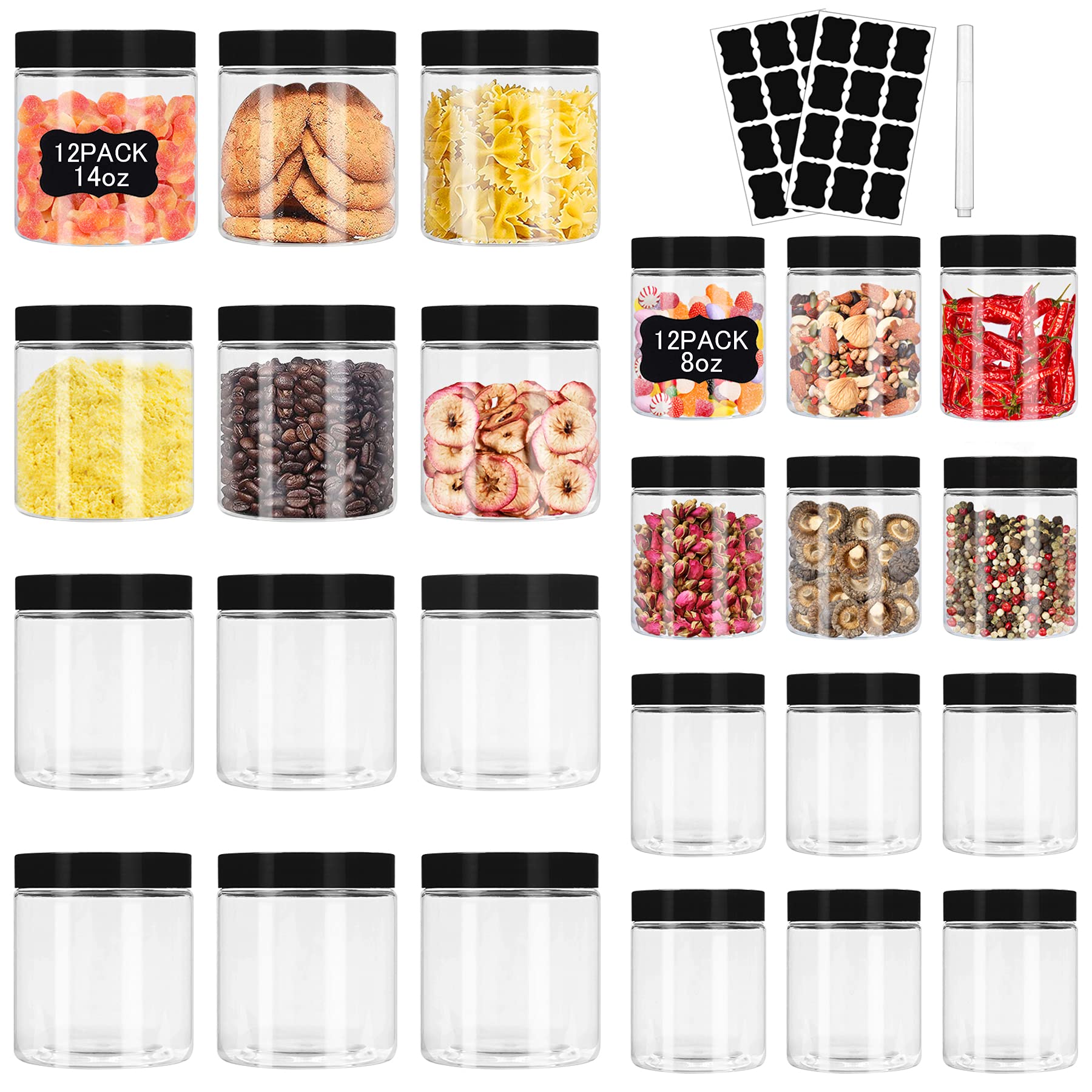 plastic jars with lids 8 oz & 14 oz 24pcs clear plastic slime storage jars containers with airtight leak proof black screw on lids cylinder clear round jar food grade durable jar