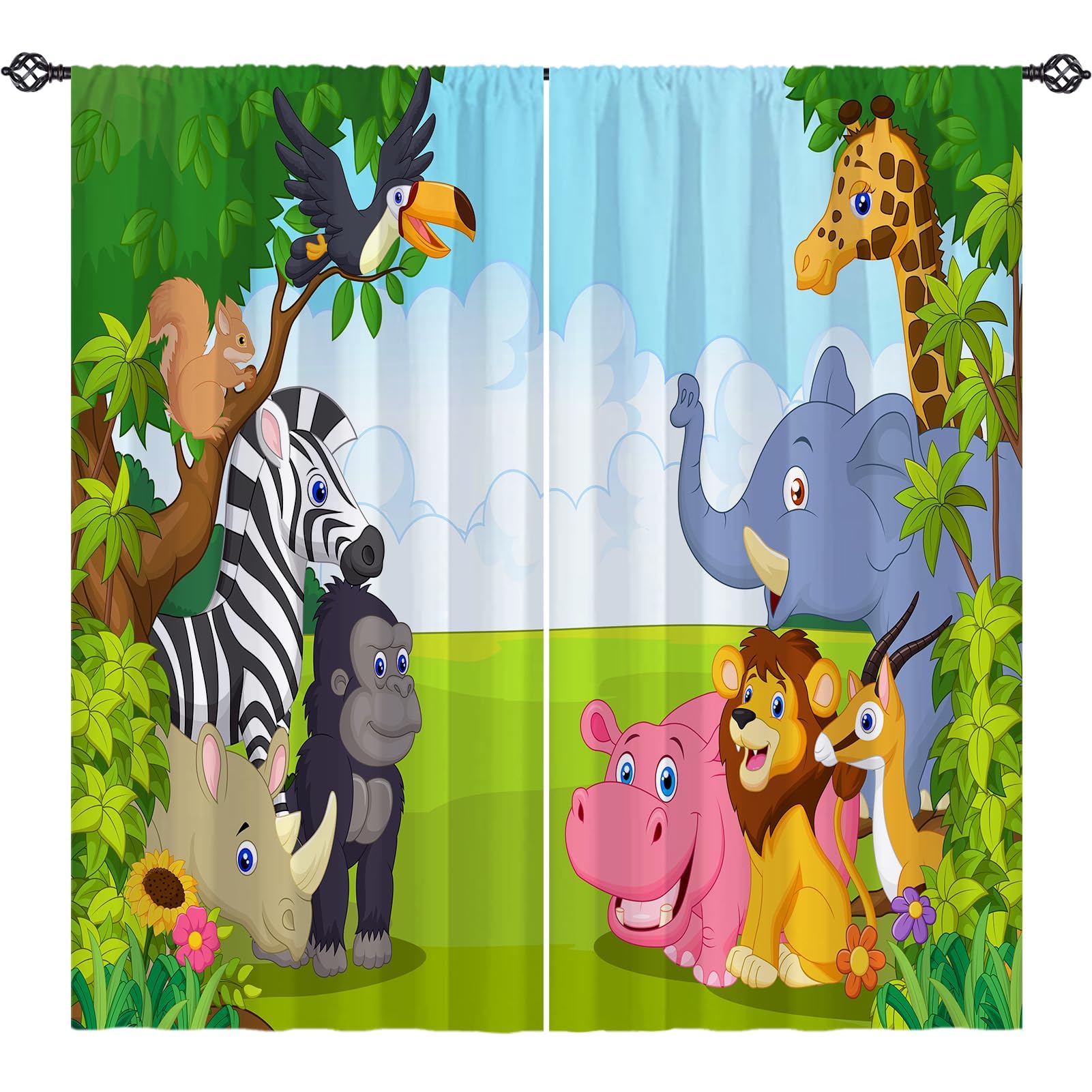 Kids Animal Curtains W42 x L63 Inch Rod Pocket Jungle Safari Wildlife Zoo Elephant Giraffe Lion Print Pattern Privacy Fabric Window Drapes for Boys Bedroom Nursery Baby Playroom 2 Panels