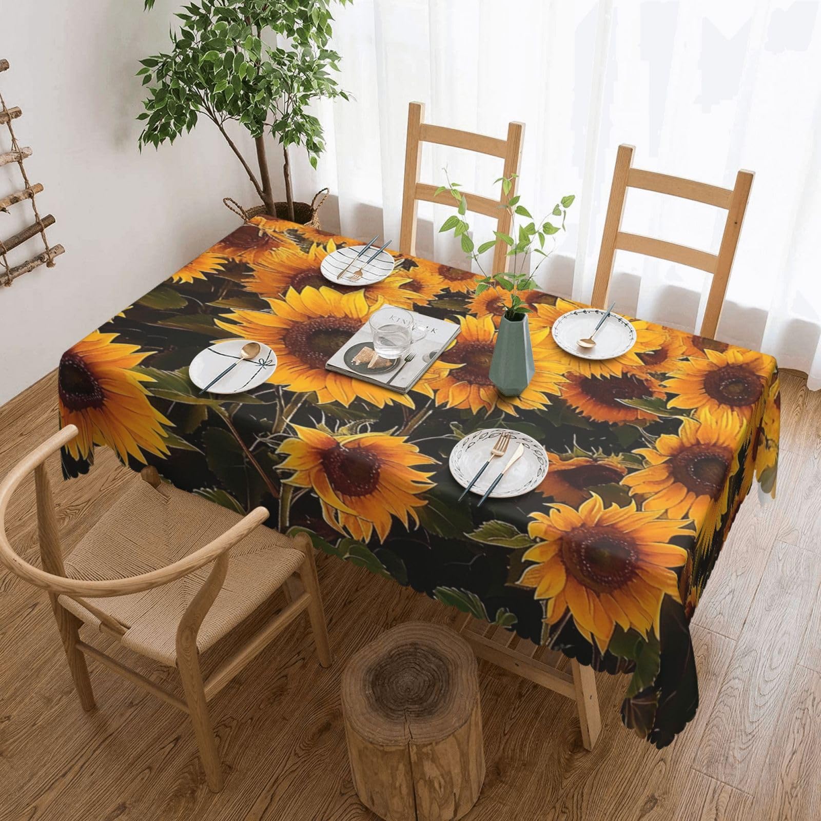 WPKJU Sunflowers Printed Rectangle Tablecloth 72x54 Inch with Lace Trim, Water-Resistant Washable Table Cover for Farmhouse Weddings, Outdoor Picnics & Holiday Dining