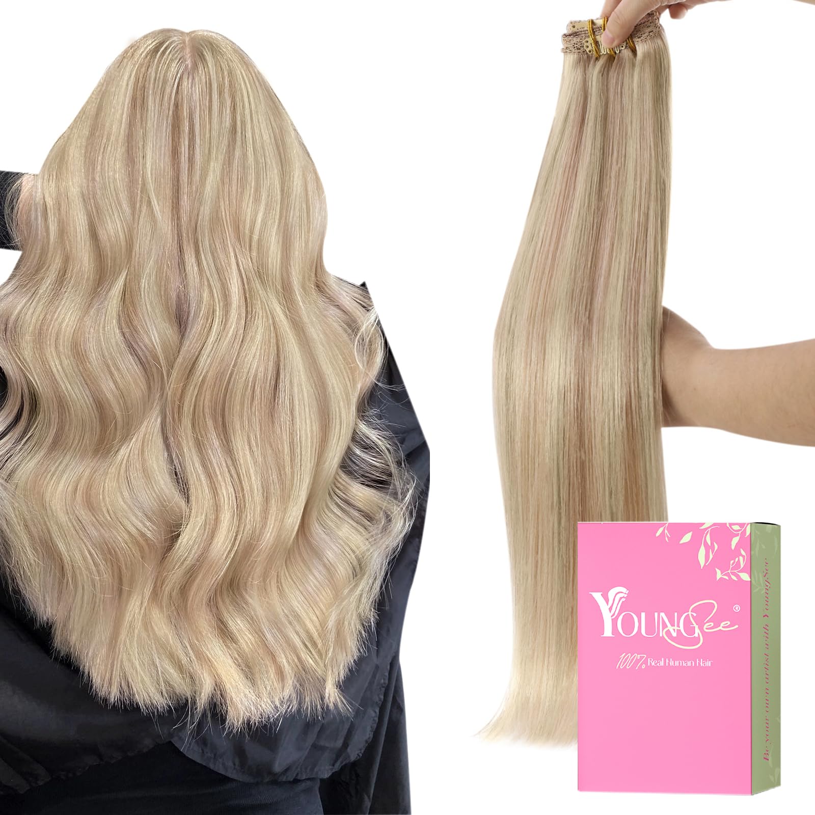 YoungSee Clip in Extensions Echthaar Blond Echthaar Extensions Clip Aschblond und Warmblond Remy Clips Haarextension Blond Clips Haarverlängerung Echt Haare Glatt für Damen 30 cm 80g 18/613