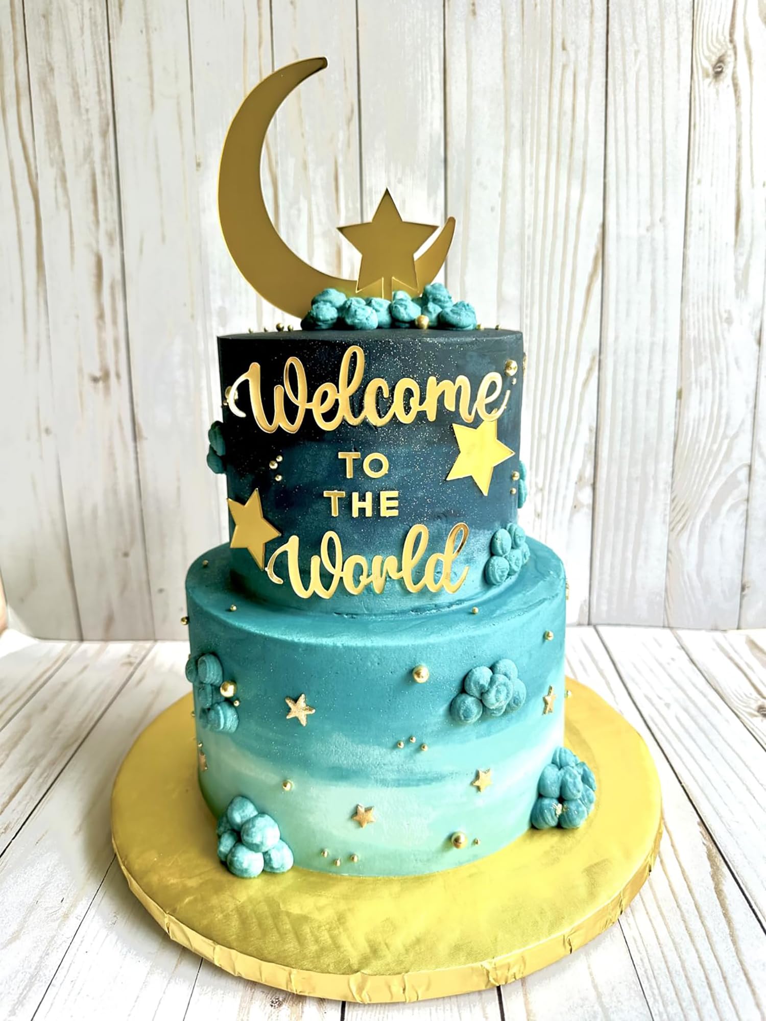 12PCS Moon Star Cake Toppers,Acrylic Mirror Gold"Welcome To The World"Baby Shower Cake Decorations for Over the Moon Baby Shower Wedding Birthday Party