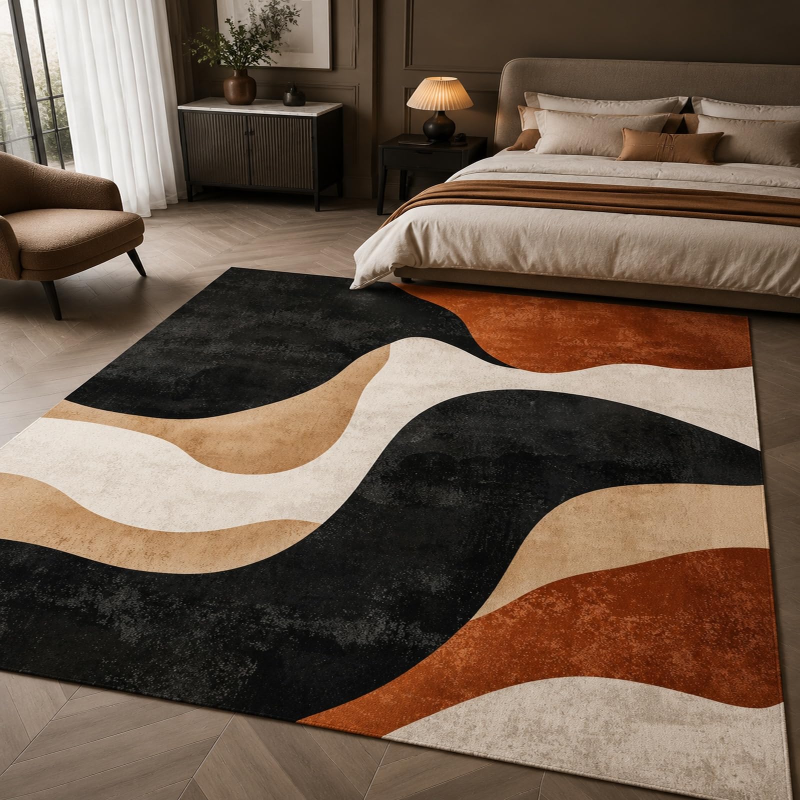 Tappeti di zona, 80 x 160 cm, Astratto Moderno Nero Beige Tortora Marrone, Tappeto Lavabile, Rugs Decorativa per Tavolino Salotto, Armadio Camera da Letto,