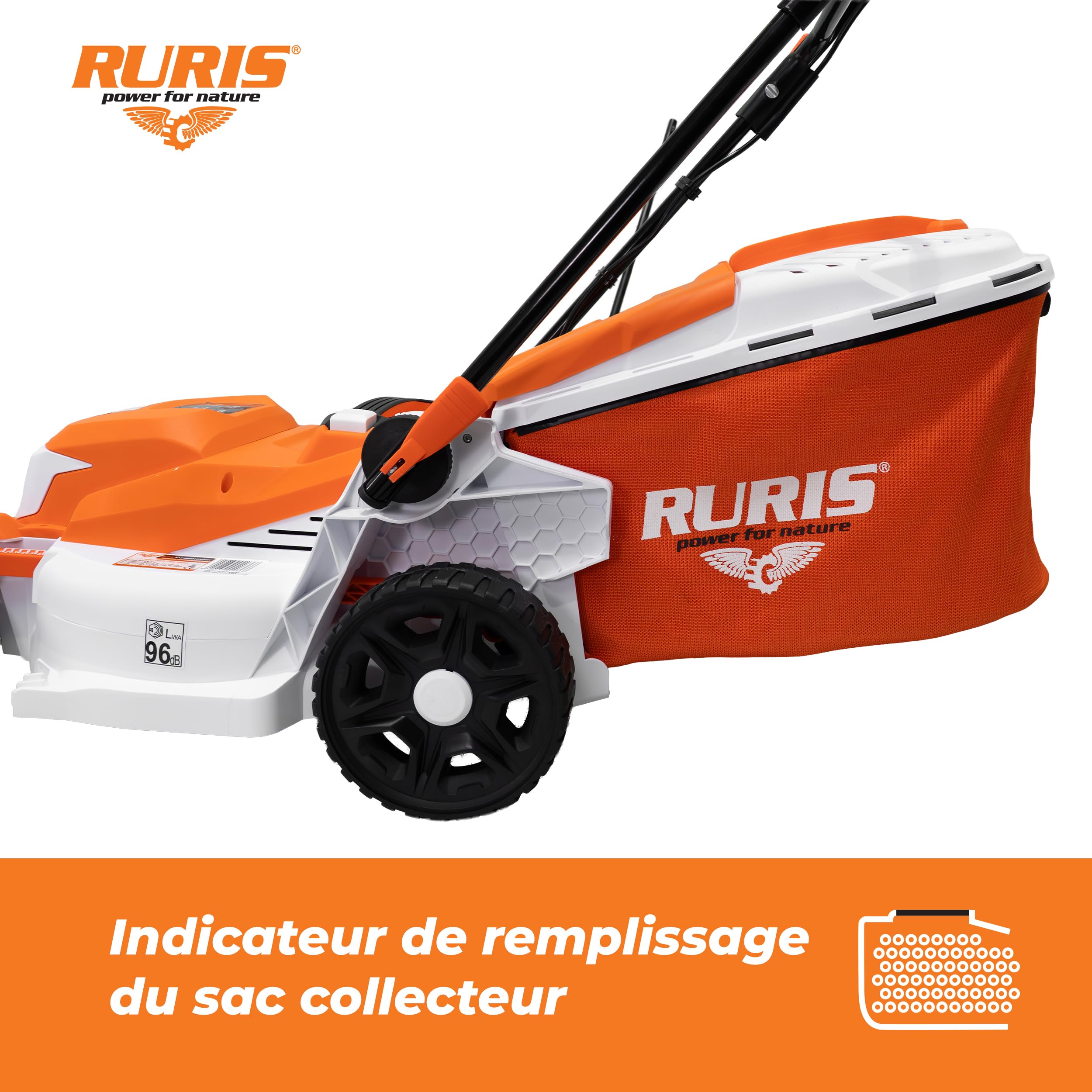 RURIS RXE1800 Confort - Cortacésped eléctrico (1800 W, Ancho 400 mm, 7 Alturas 25-75 mm, 3 Funciones Mulching Bandeja 40 L, Almacenamiento Vertical, asa de Espuma Confort Pro
