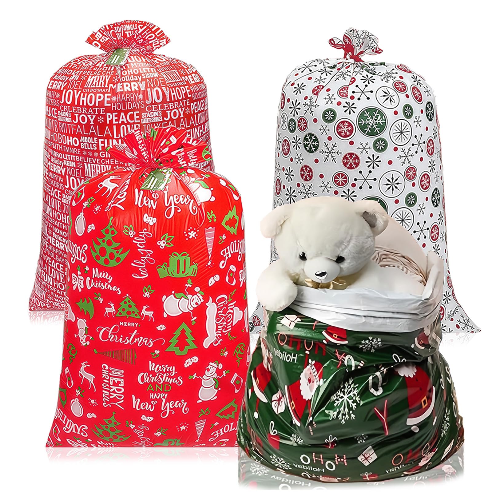 4pcs Jumbo Christmas Sacks for Gift, 36x56" Extra Large Gift Christmas Bag with Tags Rope，Strong, Red Green White Xmas Sacks Large, 4 Style Enormous Bags,Giant Xmas Bags for Presents Party Favors