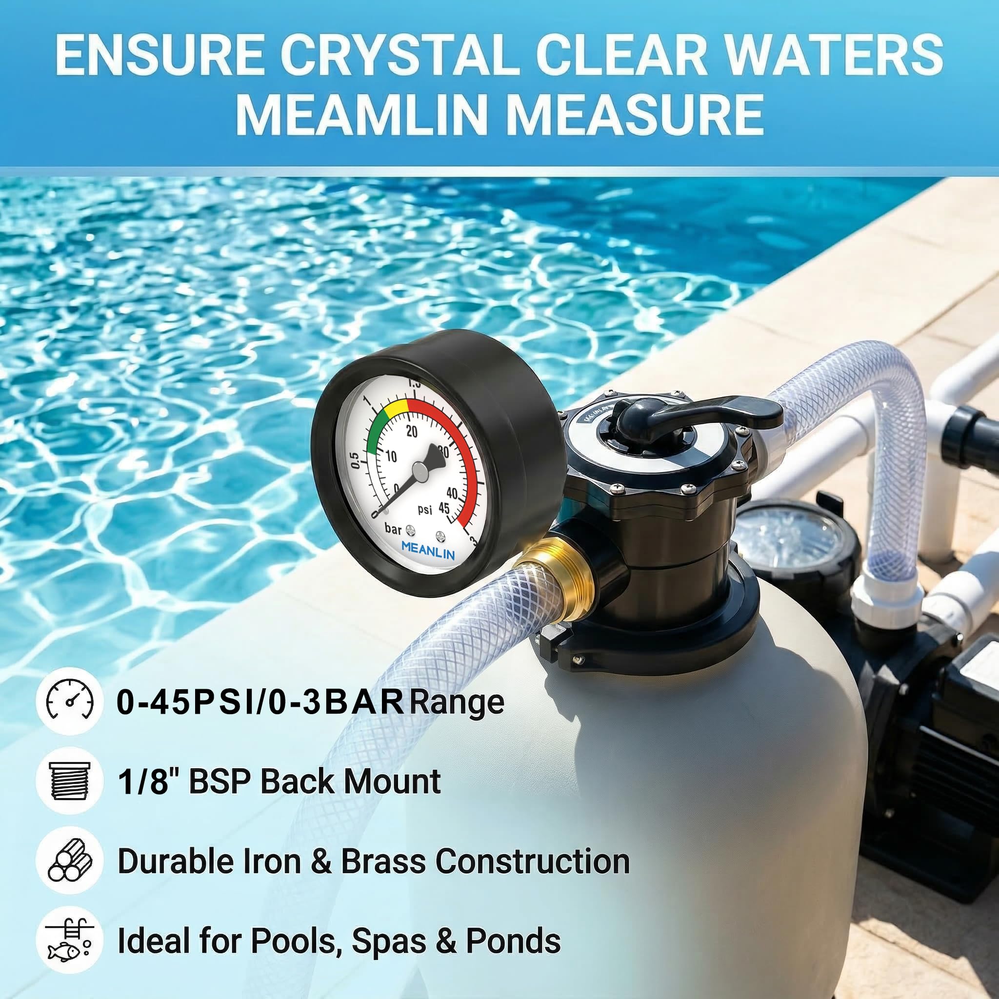 MEANLIN MEASURE 0~3Bar/0~40Psi Manomètre pour piscine,1/8"BSP 2" FACE DIAL pour piscines, spas, bassins à poissons,avec douille hexagonale 1/4" BSP et 3/8" BSP,Montage arrière