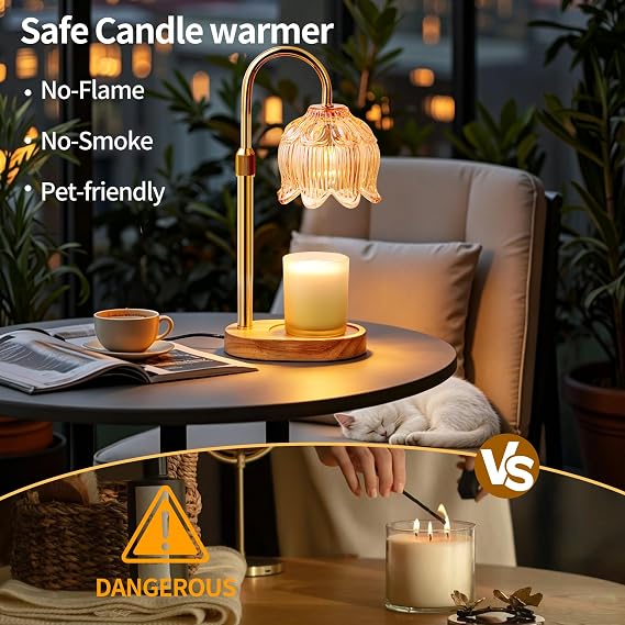 Flower Candle Warmer Lamp with Timer, Birthday Gifts for Women | Dimmable wax melt warmer for scented jar and 3-wick candles, 2 bulbs, adjustable height, home decor and housewarming gifts