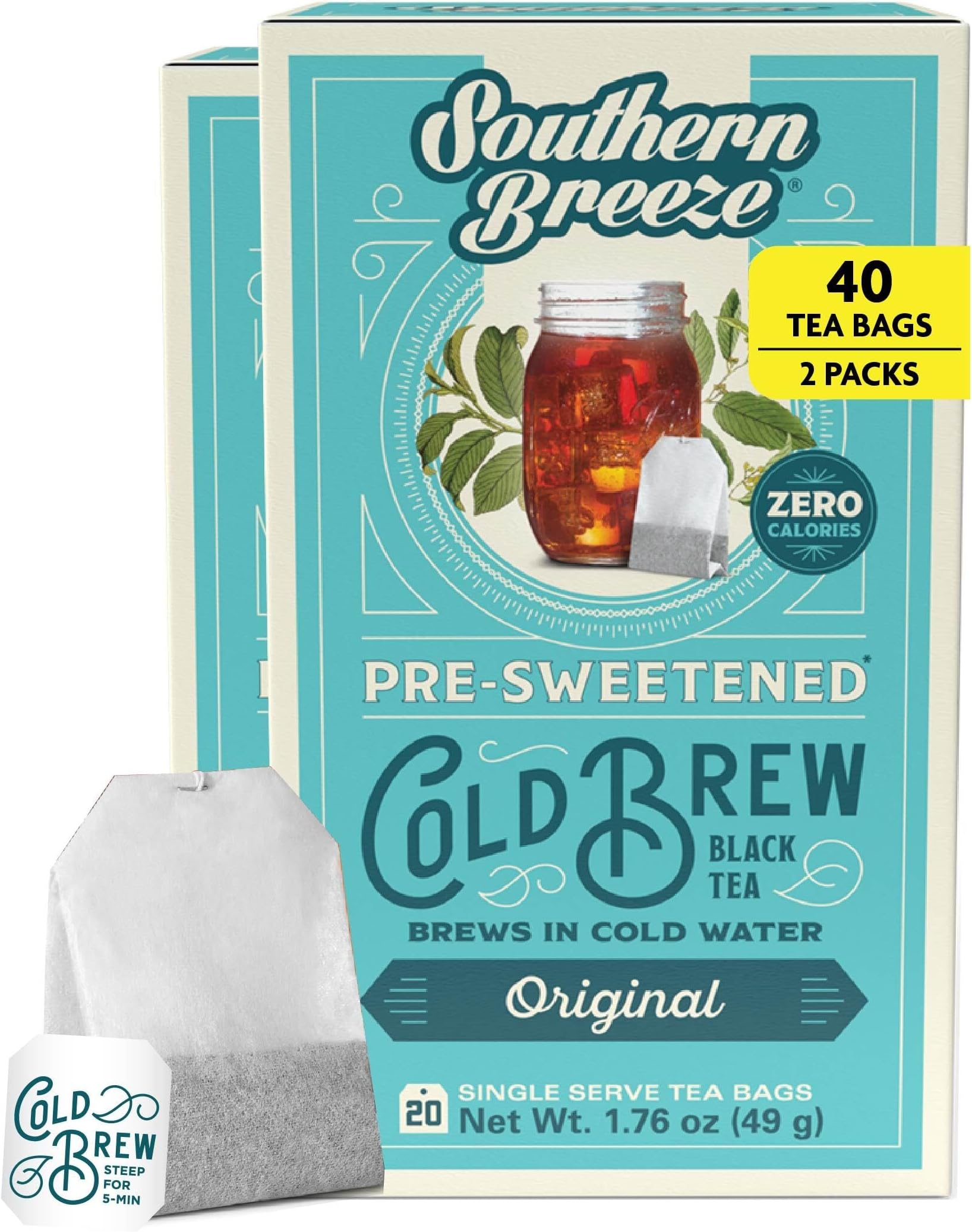 Southern Breeze Cold Brew Sweet Tea Original Iced Tea with Black Tea and Zero Carbs Zero Sugar, 20 Individually Wrapped Tea Bags (Pack of 2) Southern Sweet Tea Iced Tea Beverage