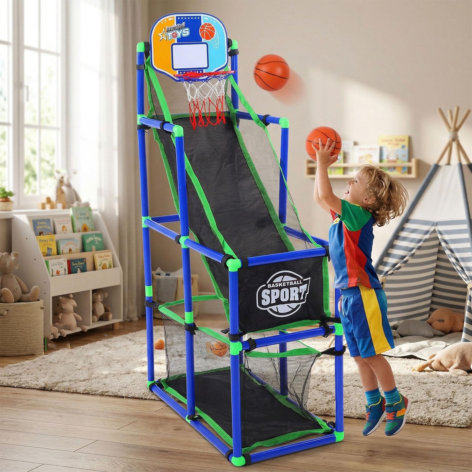 Alomejor Basketballspiel-Set, Basketballkorb aus Kunststoff mit 4 Bällen und Luftpumpe, 67 X 36 X 128 cm, Einfach Aufzubauendes Basketball-Set für Drinnen und Draußen, für, Spielzimmer,