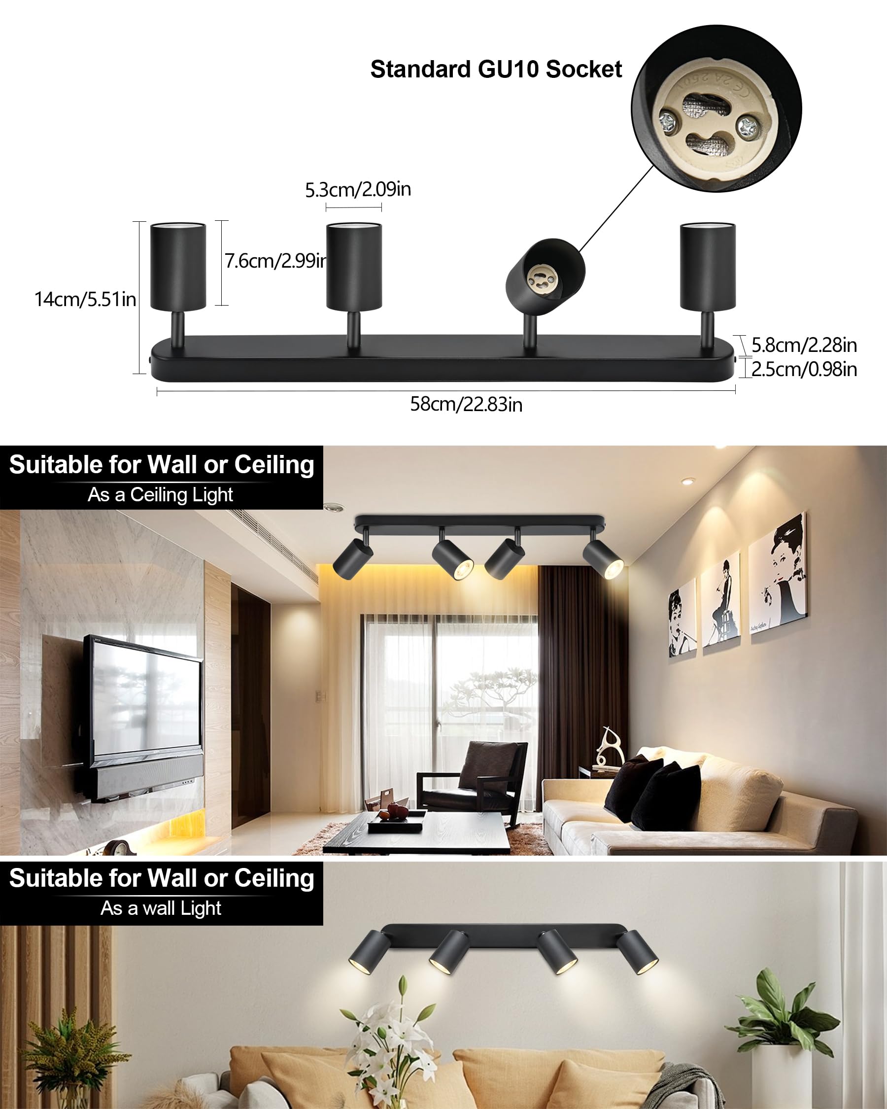Plafonnier LED 4 Spots BOYIR - Orientables, GU10, Blanc - Pour Cuisine, Salon - Sans Ampoules