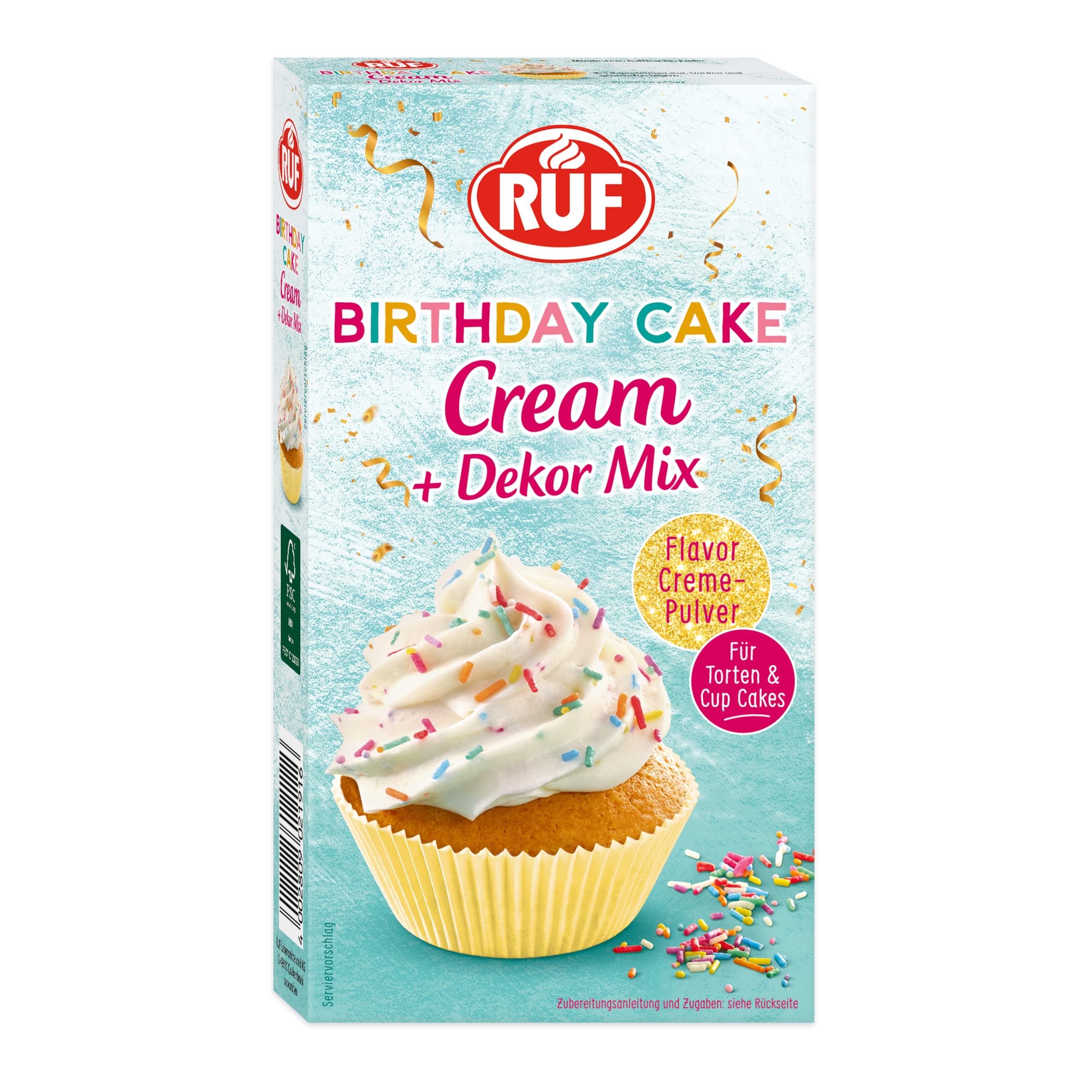 RUF Birthday Cake Cream, Cream-Pulver für eine lockere Torten-Creme in Geburtstags-Kuchen mit Vanille-Karamell-Geschmack & buntem Dekor-Mix, 1 x 110g