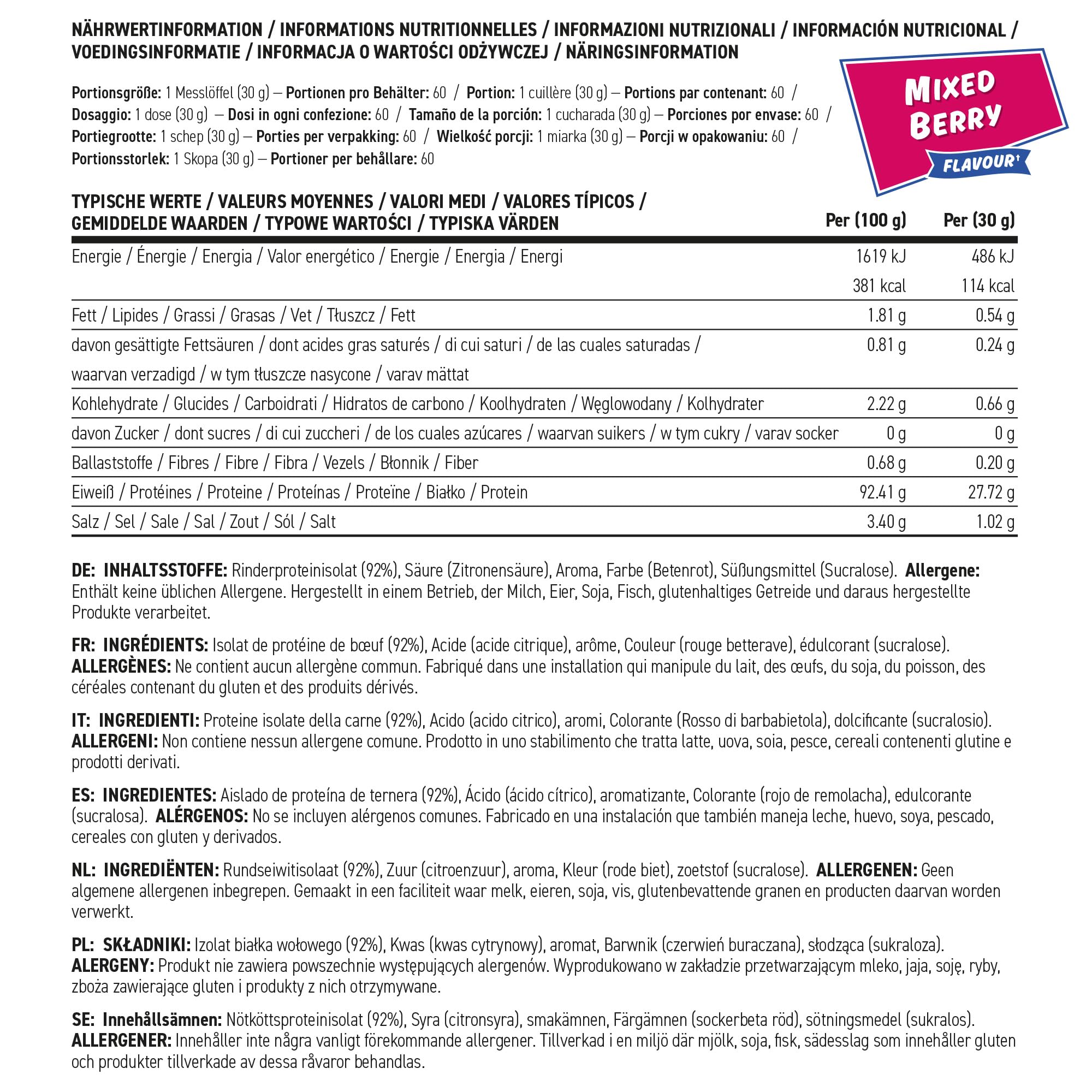 Applied Nutrition Bœuf XP Isolat de Protéines de Bœuf Hydrolysées, Poudre de Protéines de Bœuf, Boisson Protéinée sans Produits Laitiers, sans Lactose, sans Sucre, 60 Portions (1.8Kg, Mixed Berry)