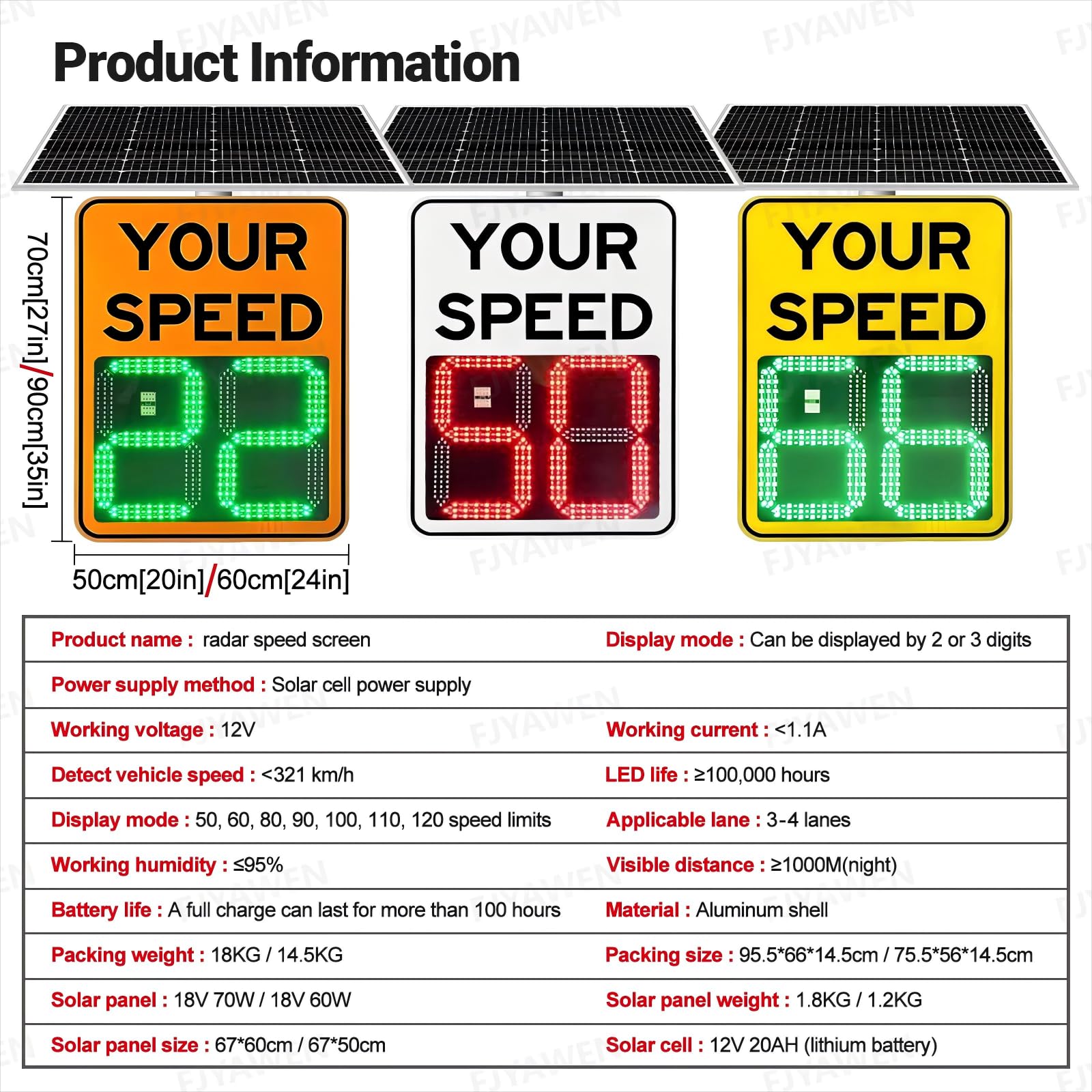 Señal solar de velocidad de radar con LED reflectantes, medición de velocidad de hasta 300 m, diseño impermeable, cobertura multicarretera, 50 x 70 cm