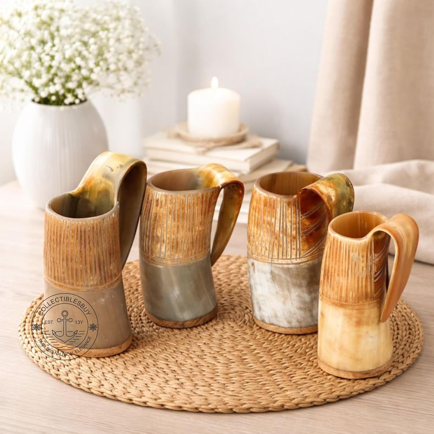 Viking Drinking Horn Mug Set of 4 Handmade – Medieval Ale Tankards with Display Holders, Norse Drinkware, Rustic Bar & Kitchen Decor