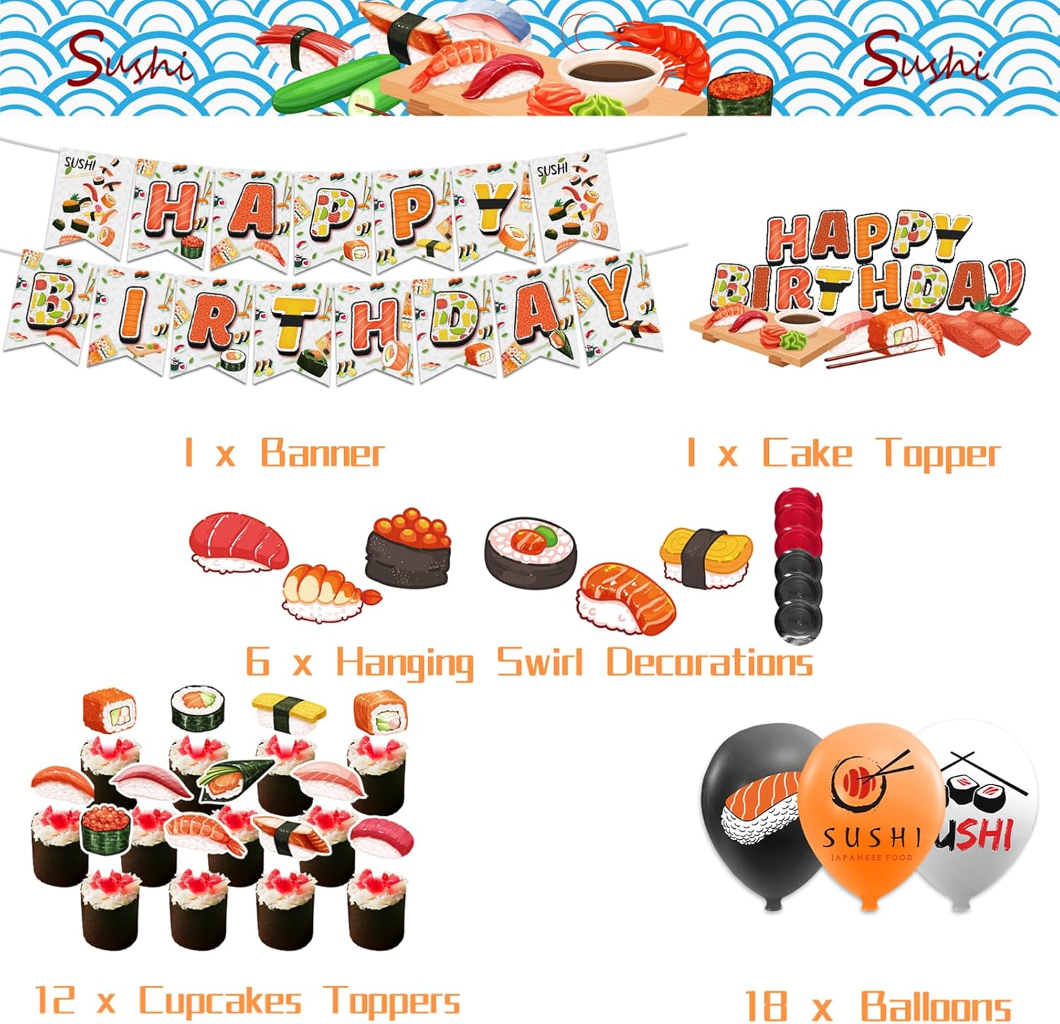 Sushi Party Decorations Japanese Birthday Party Decorations Includes Sushi Happy Birthday Banner Cake Topper Cupcake Toppers Balloons for Sushi Themed Party - Image 6