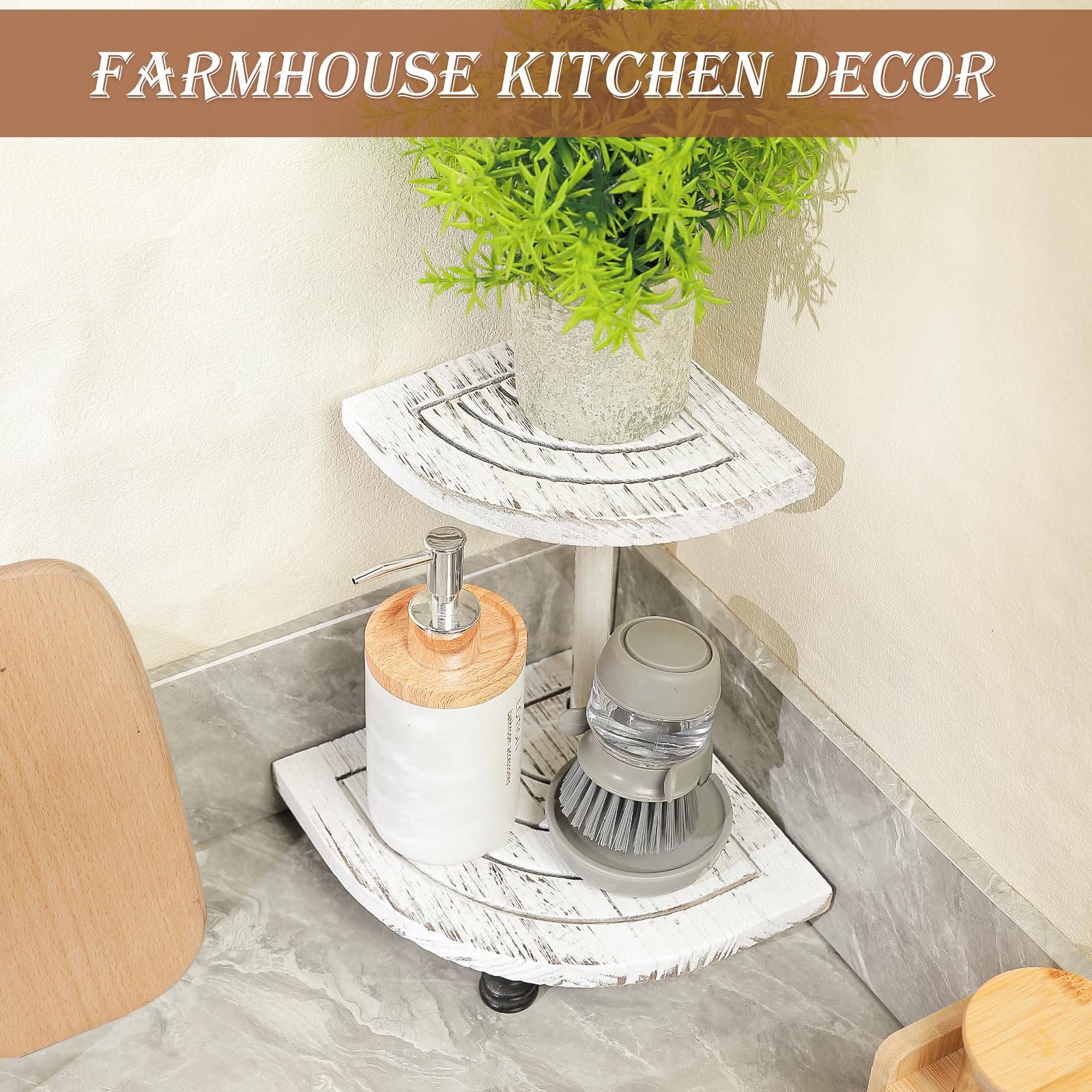 Tikea Elevadores decorativos de madera para exhibición, paquete de 2 estantes esquineros de granja para decoración de encimera de cocina, baño, soporte de pedestal para dispensador de jabón, velas y