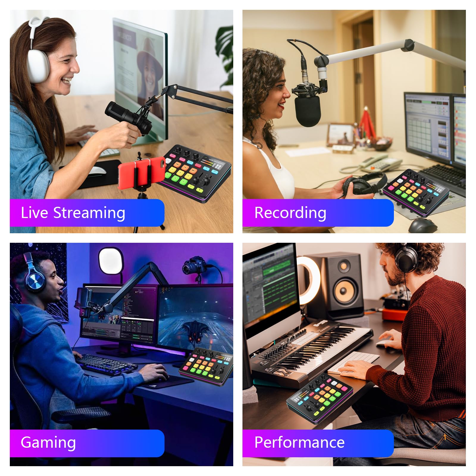 Mezclador de Audio, RGB Streaming Gaming Audio Mixer con Interfaz de XLR, Alimentación Phantom de 48V, Mezclador de Audio para Juegos para Transmisión en Vivo, Podcasting, Creación de Contenido