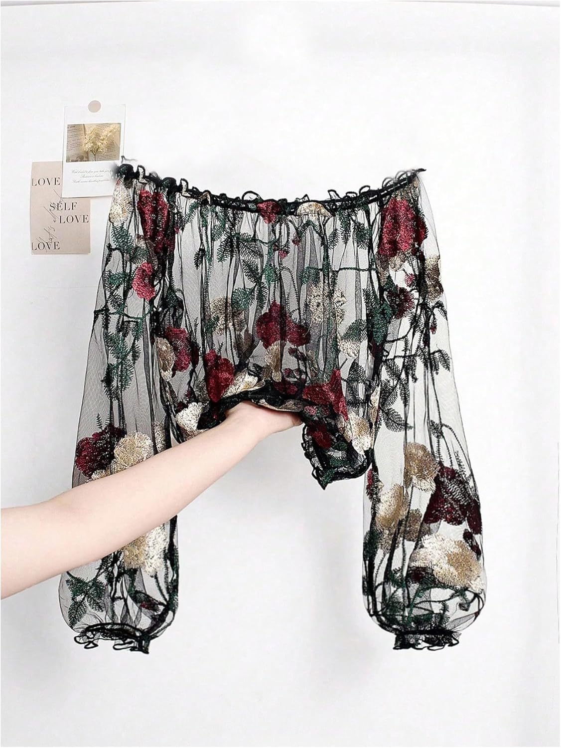 WDIRARA Women's Floral Embroidered Off The Shoulder Tops Mesh Sheer Bishop Sleeve Blouse Boho Crop Tops - Image 5