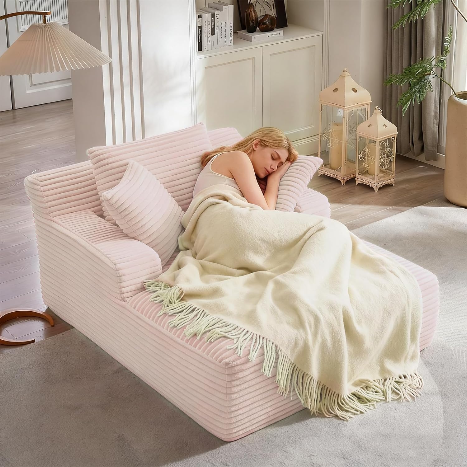 66" Oversized Lounge Chair Indoor, Corduroy Boneless Sofa Bed, Deep Seat Sleeper Couch for Living Room & Bedroom, Fluffy Cloud Loveseat, Reading & Relaxing Chair, No Assembly (Pink)