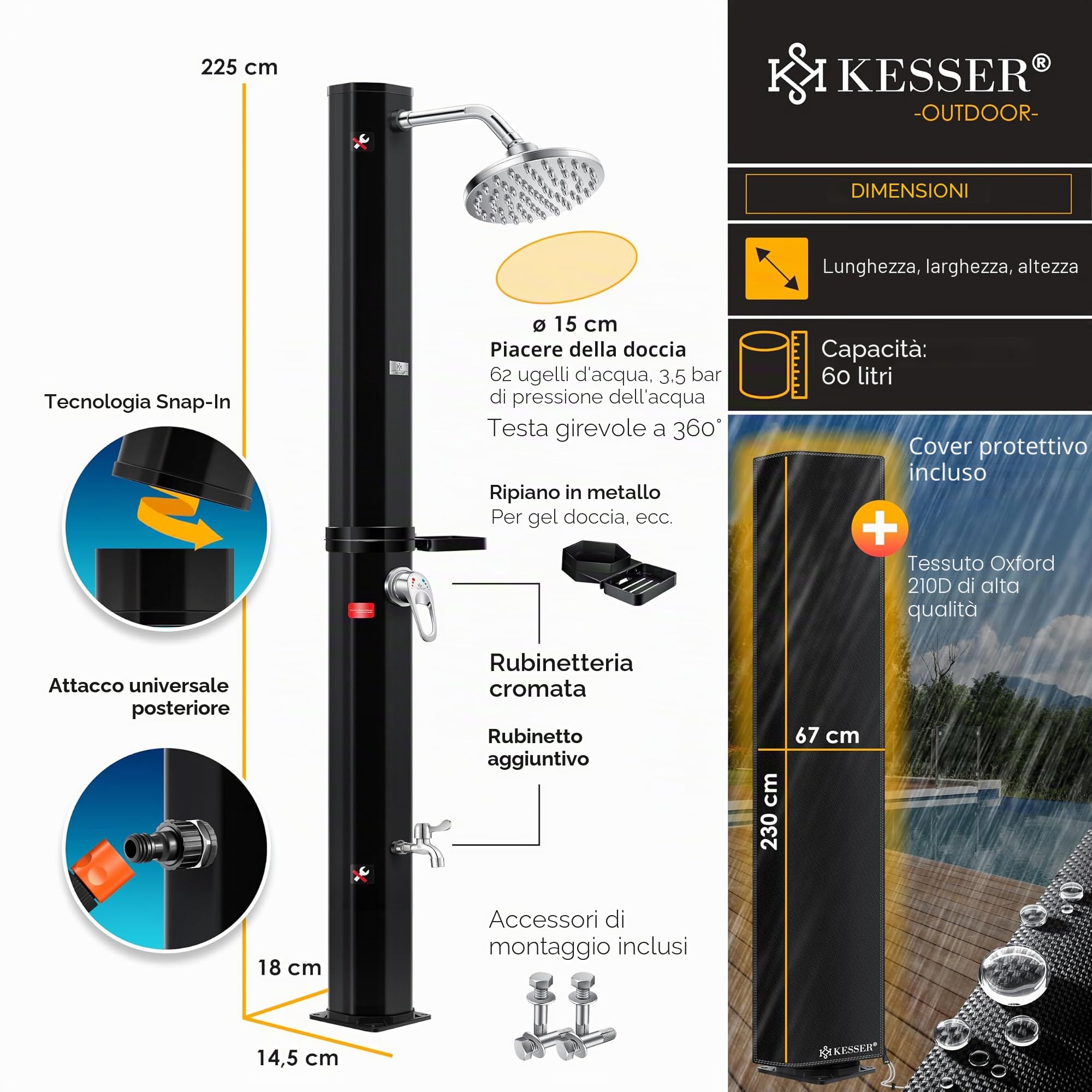 KESSER® Doccia solare da giardino da 60 l, doccia solare per giardino e piscina, con acqua calda, doccia per piscina senza corrente, soffione doccia a pioggia e rubinetto con connettore per tubo da