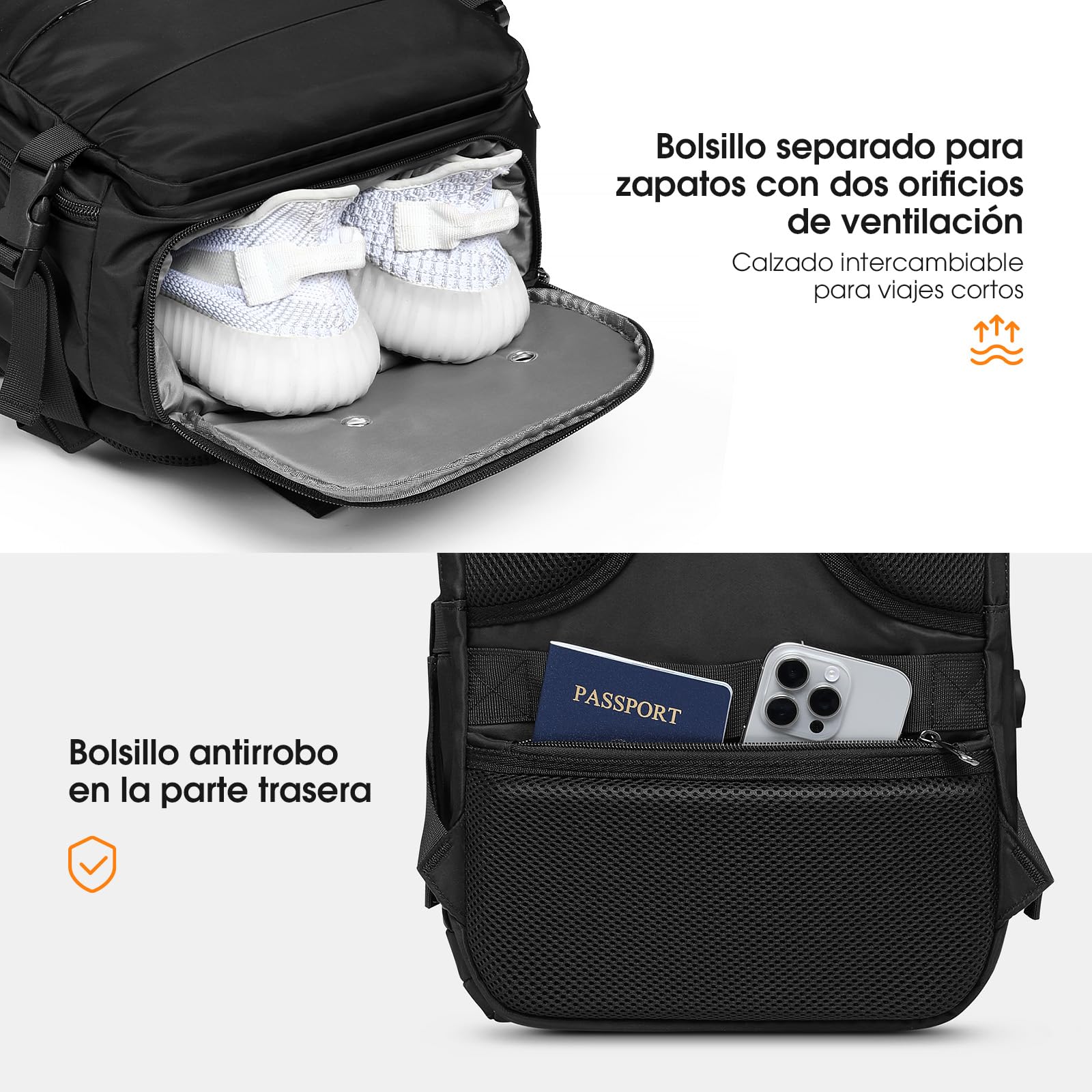 Samfolk Mochila viaje Cabina avion 40x20x25 Mochila viaje 12 Bolsillos Mochilas de viaje para avion de Separado para Zapatos Bolsa de Mano, 20L (Negro, 40x20x25)