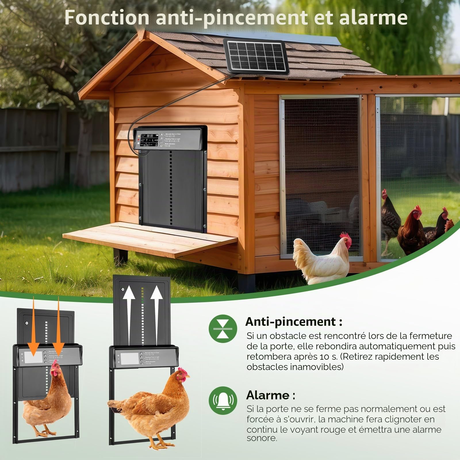 Towwoo Porte Automatique Poulailler Solaire, Aluminium Trappe Poulailler Automatique avec Écran LCD Programmable, Télécommande, Anti-Pincement Puerta Gallinero Automatica pour Ferme Noir