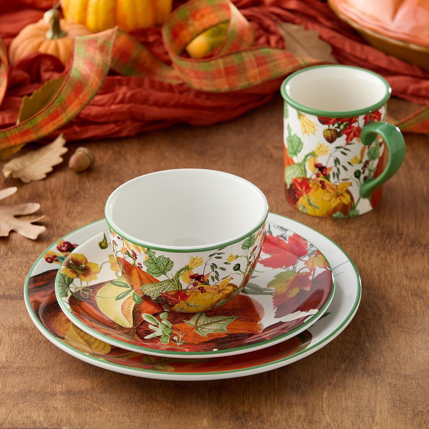 Harvest Fields 16-Piece Ceramic Dinnerware Set, Service for 4 – Rustic Farmhouse Plates, Mugs & Bowls for Cozy Dining & Entertaining