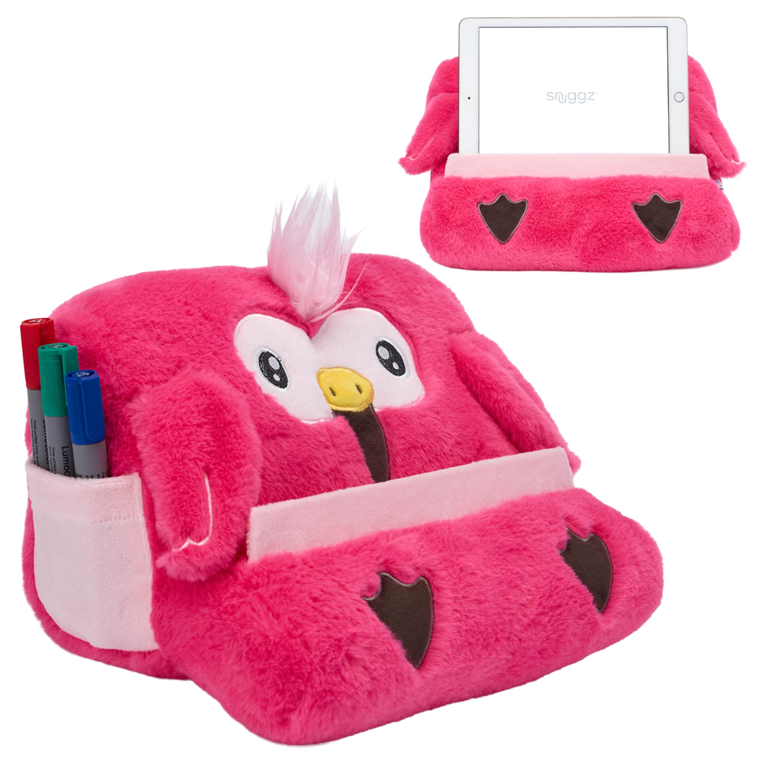 Snuggz Flamingo Tablet Holder, Plush Kindle Stand with Soft Lap Cushion for Bed, Sofa and Travel - Cute Kids Tablet Stand with Side Pockets for Comfortable Hands-Free Viewing