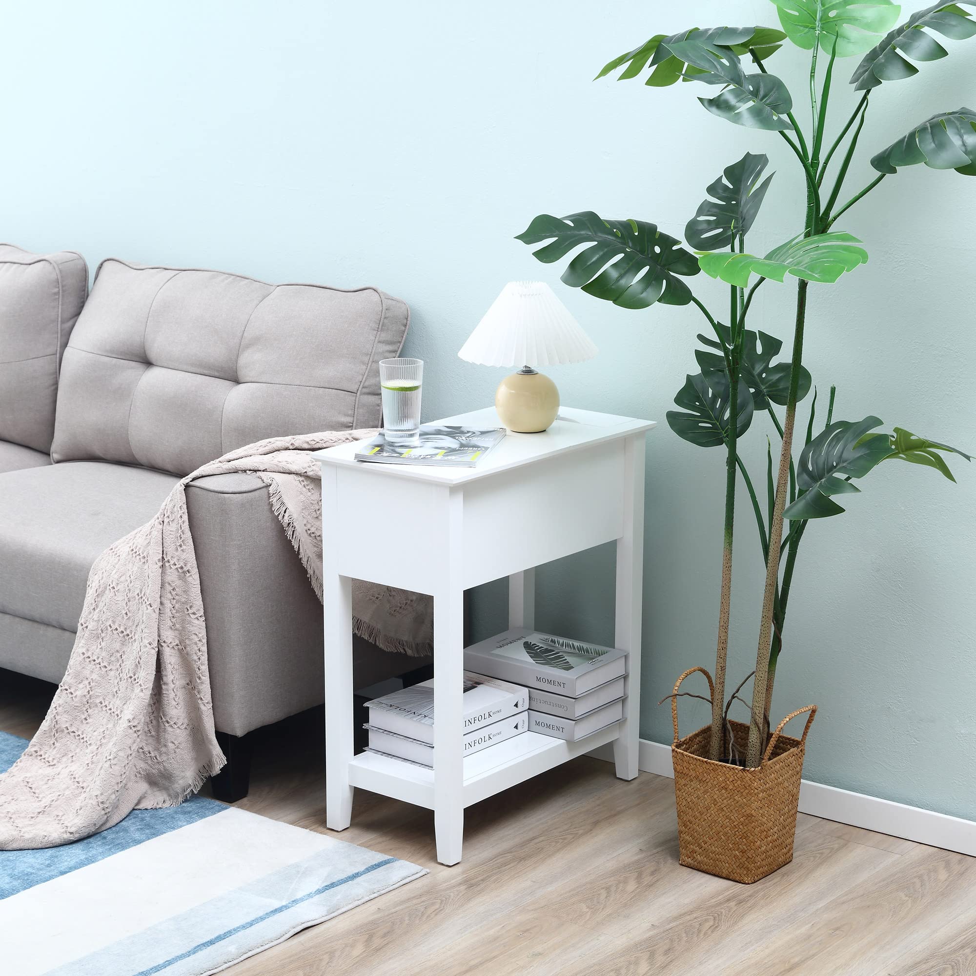 HOMCOM Mesa Auxiliar Mesita de Noche Tapa Abatible 60,5x32,5x70 cm Blanco | Estante de Almacenamiento, Orificio de Cable Oculto, para Salón Cama Dormitorio