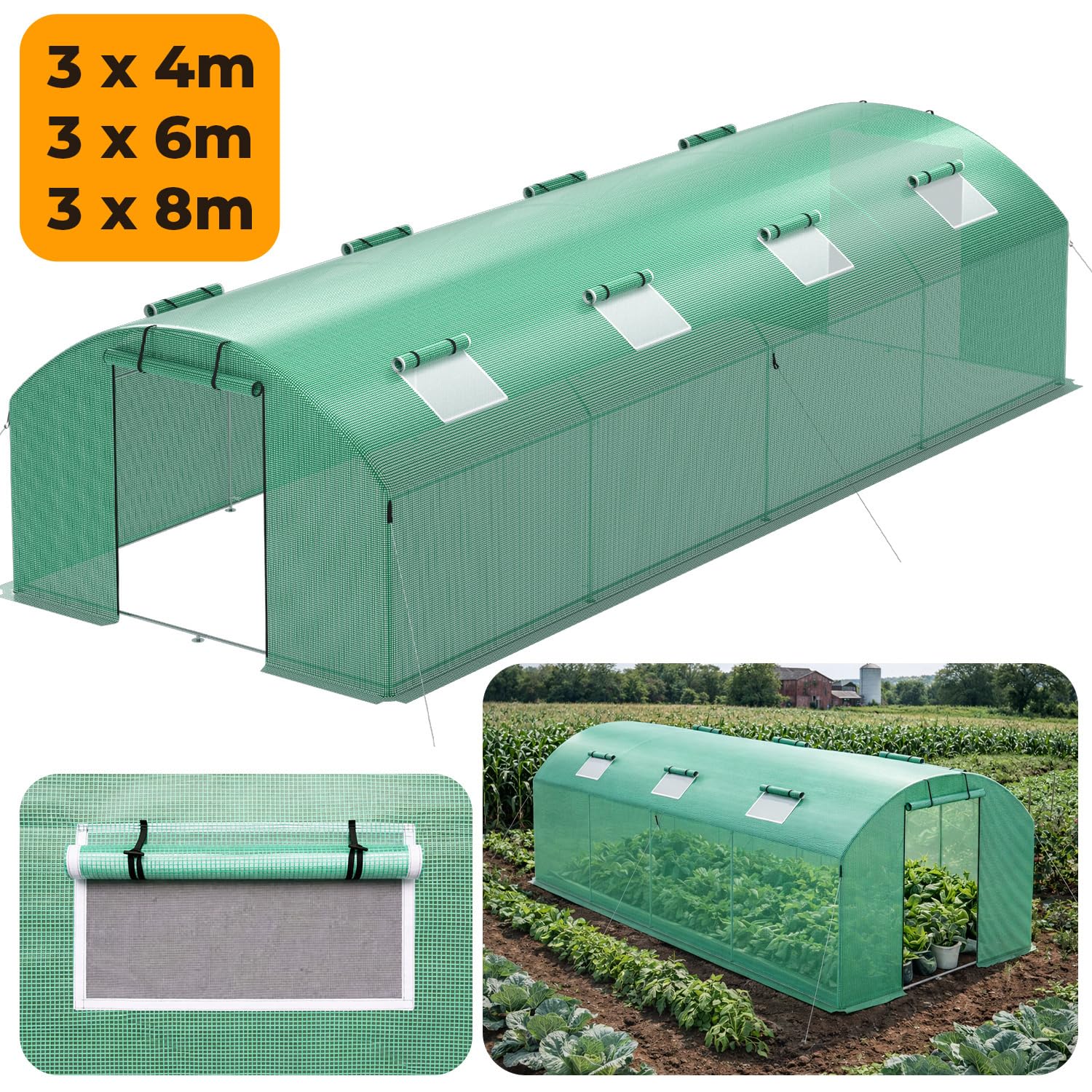 Szklarnia 300 x 600 x 200 cm, szklarnia warzywna z 6 oknami i 2 drzwiczkami z zamkiem błyskawicznym, 140 g/m² PE UV50+, osłona kotwy gruntowe i liny przeciwwiatrowe do stabilnego mocowania w