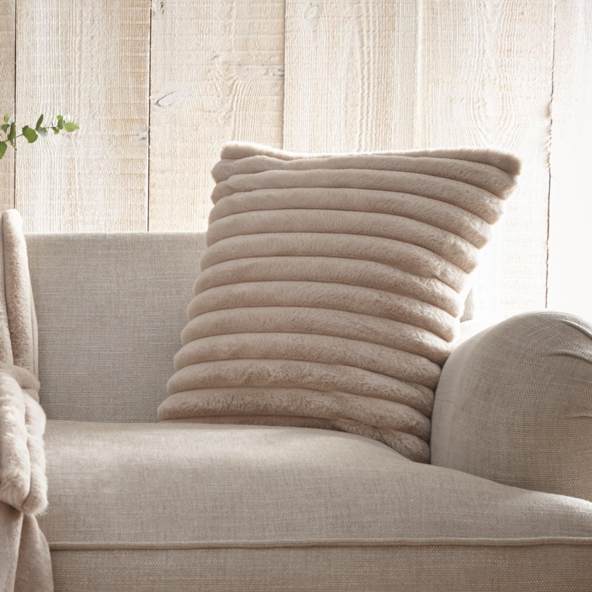 Appletree Natural - Faux Fur Cushion (43 X 43Cm) - Super Soft Fake Rabbit Fur - Filling Included - Stripe Pattern Size 43