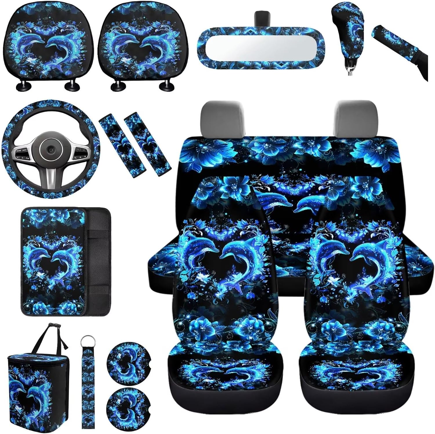 Neon Dolphins Car Seat Covers Full Sets of 17 Pack,Blue Dolphins Car Accessories Sets for Women with Animals Auto Seat Head Rest Protector Rear View Mirror Cover,Steering Wheel Car Cover