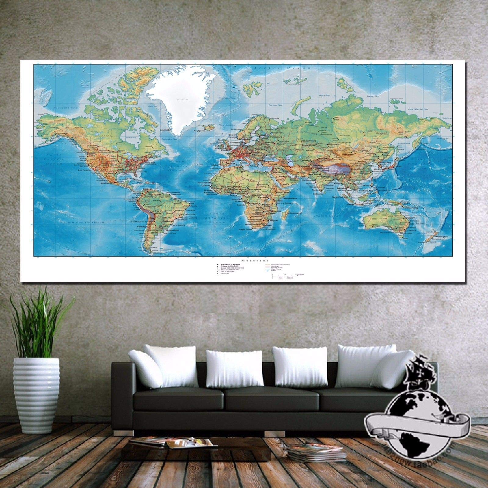 Panpob68 New Huge Large Banner Canvas Earth Ocean World Map Classic Elite Print Wall Poster (S)