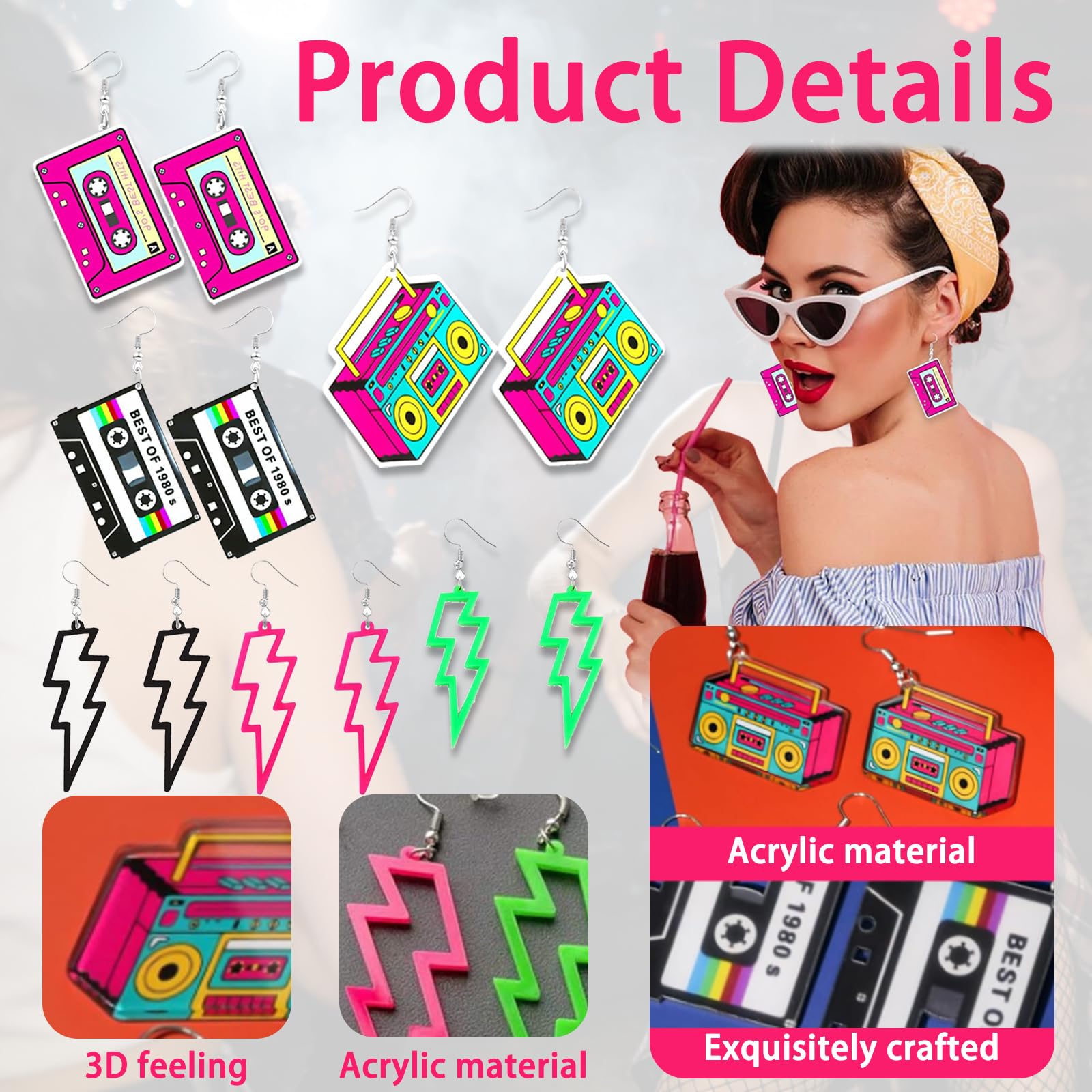 Pendientes de Neón Años 80 Retro Cintas de Casete 6 Pares Mujer