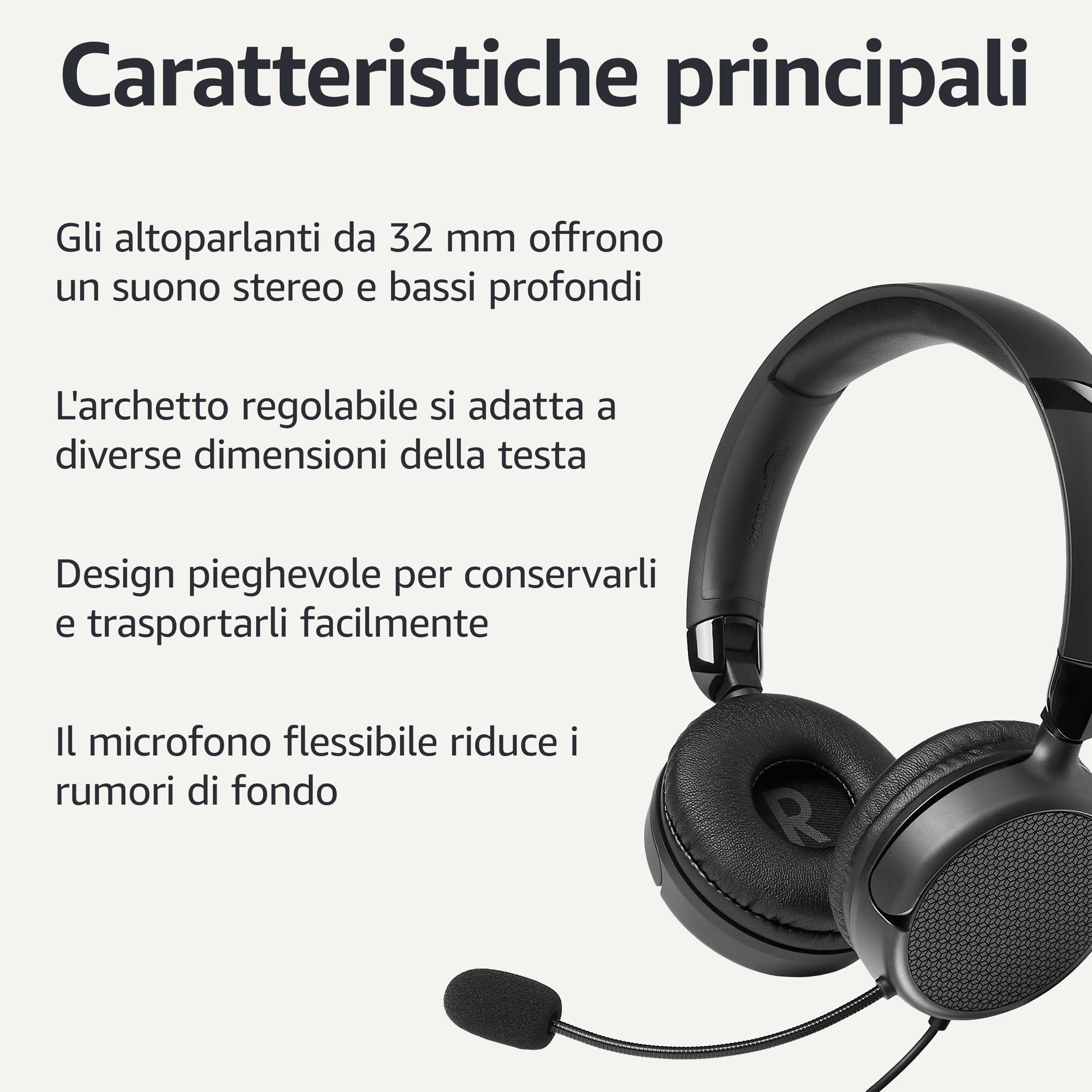 Amazon Basics - Cuffie Over-Ear per Computer con Cavo, Microfono Regolabile, Connessione da 3,5 mm, Controllo Cablato con USB-A, Pieghevoli, Cuffie per Ufficio, Smartphone, PC, Laptop, Nero