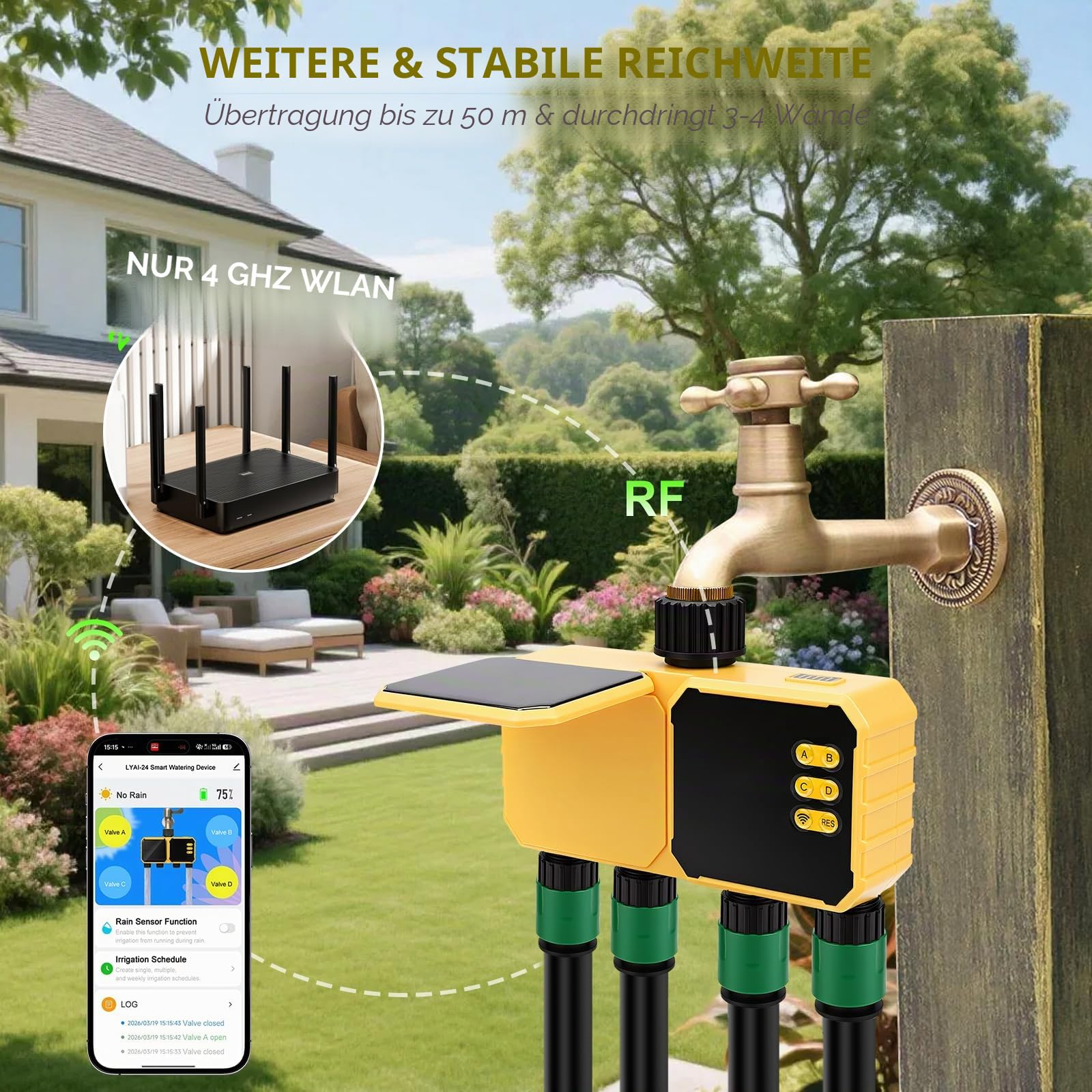 Bewässerungscomputer WLAN 4 Ausgänge,Smart Wasserzeitschaltuhr,App-Steuerung Sprachsteuerung Regenverzögerung Automatische Bewässerung,für Rasen,Garten