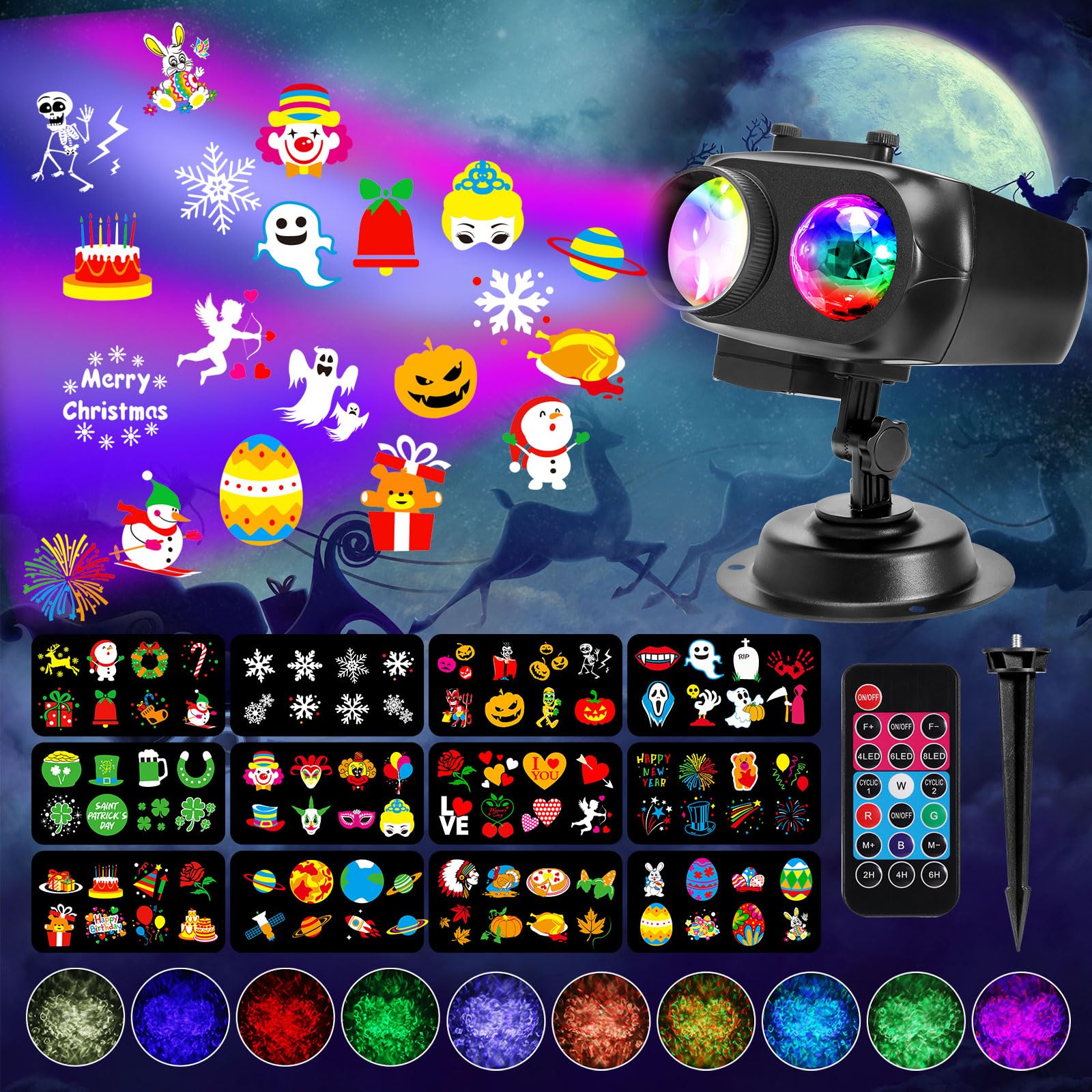 2024 Halloween Weihnachten Projektor Christmas Projector für Außen Innen LED Projektionslampe IP44 Projektorlampe 12 Folien 96 Muster 10 Welleneffekt für Weihnacht Allerheiligen Party Fest