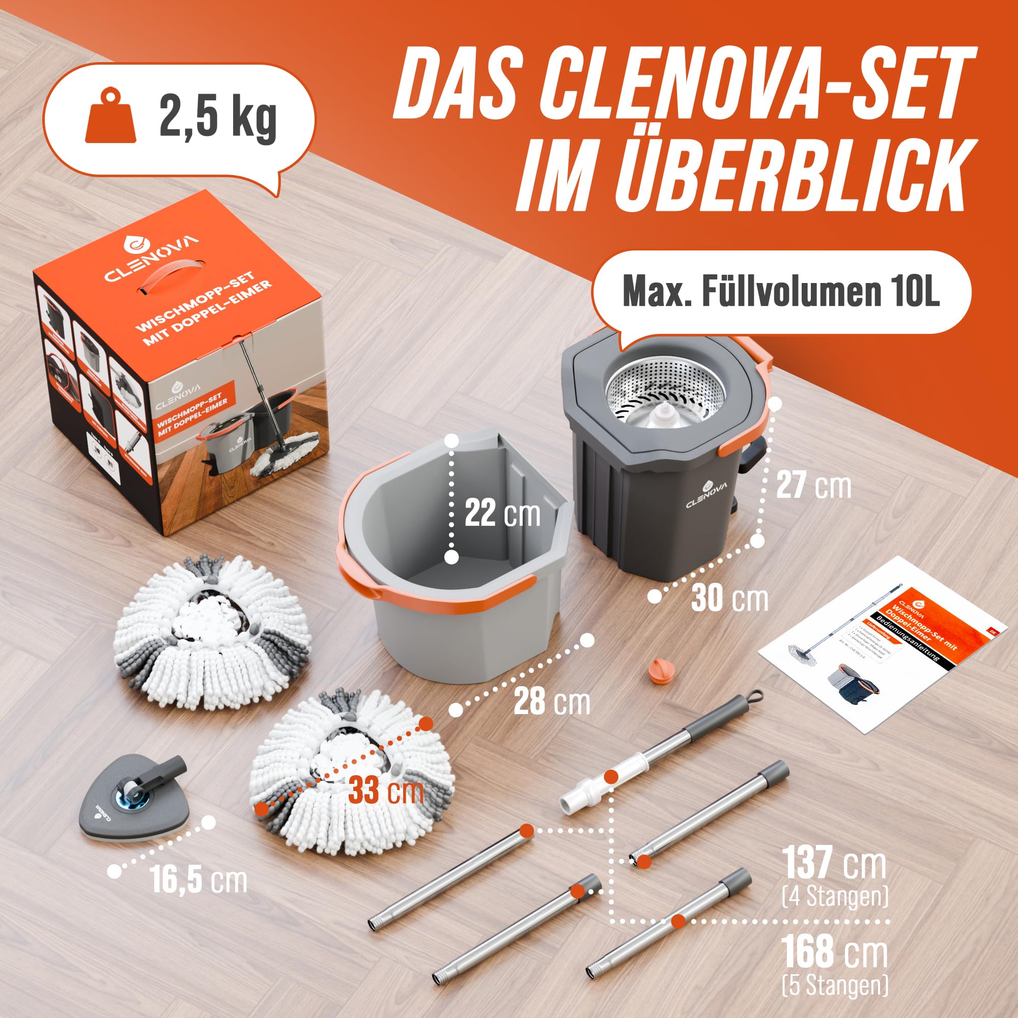 Wischmopp Set mit Eimer [Schmutzwasser Trennung] Bodenwischer mit Pedal-Auswringfunktion & 2 Mikrofaserbezügen – Mop Set für alle Bodenarten