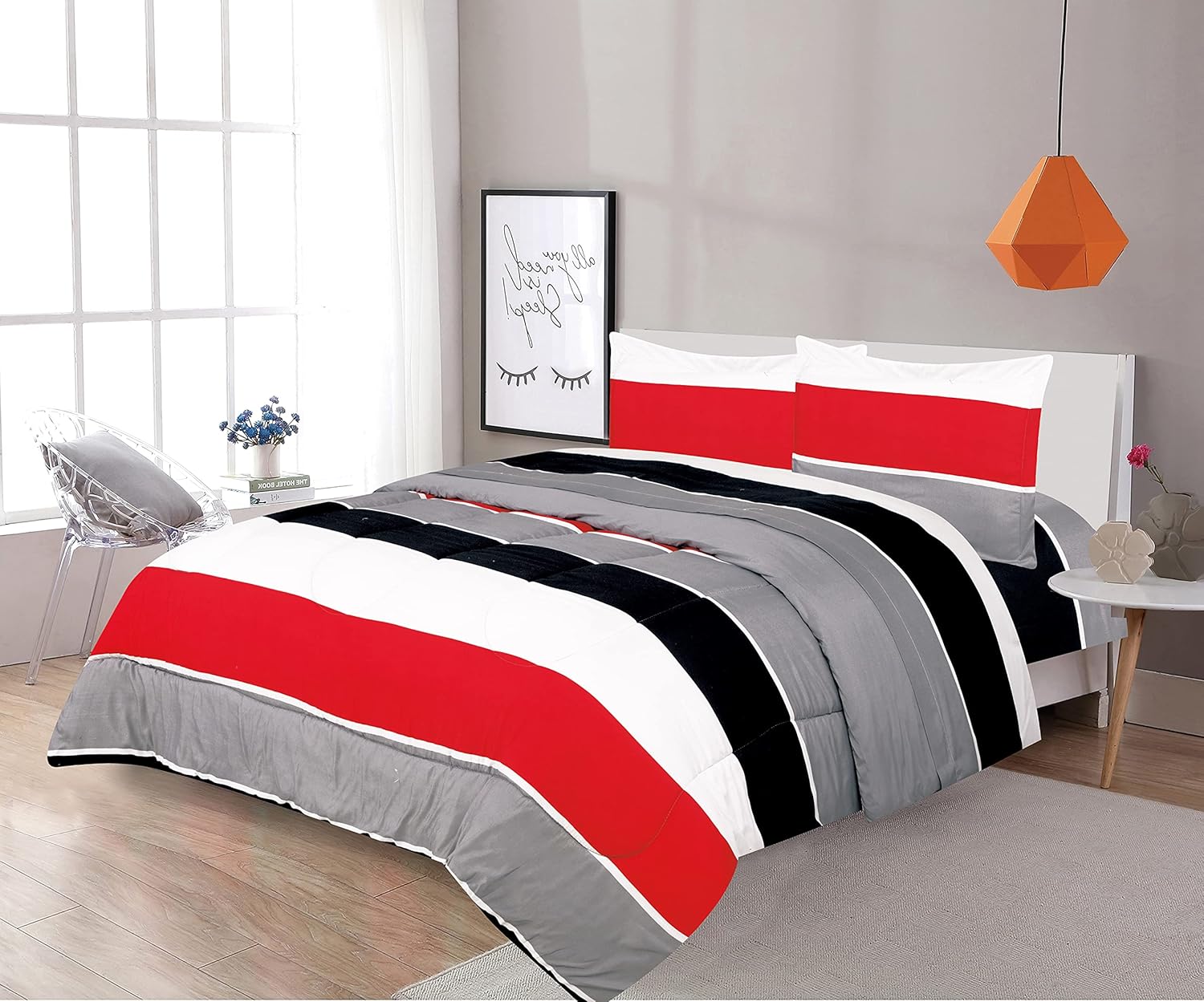 Sapphire Home 3 Piece Full Size Comforter Set Bed in Bag with Shams, Red Gray Black White Stripes Print Multicolor Boys Kids Girls Teens Bedding, (3pc, Red/Gray)