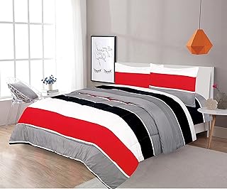 LinenTopia 7 Piece Queen Size Comforter Set Bed in Bag w/Shams,Sheet Set Striped Pattern, Multicolor Red Gray Black White,Boys Kids Girls Teen Comforter Bedding w/Sheets(Red|Gray, Q, 7pc Stripe)