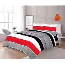 Sapphire Home 2 Piece Twin Size Comforter Set Bed in Bag with Shams, Red Gray Black White Stripes Print Multicolor Boys Kids Girls Teens Bedding, 2pc, Red/Gray