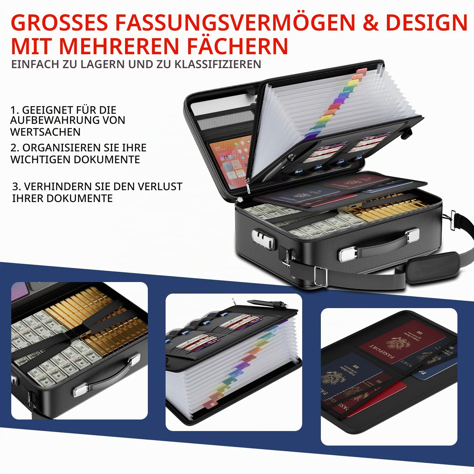 Tamfile Feuerfeste Dokumentenbox, 8-lagige Hartschalen mit 13 Klar Fächern | Wasserfeste, Dokumententasche, Aufbewahrungsbox, Fächermappe Ordner, Tragbare, für Büro, Hause, Schule, Reisen, mit Schloss