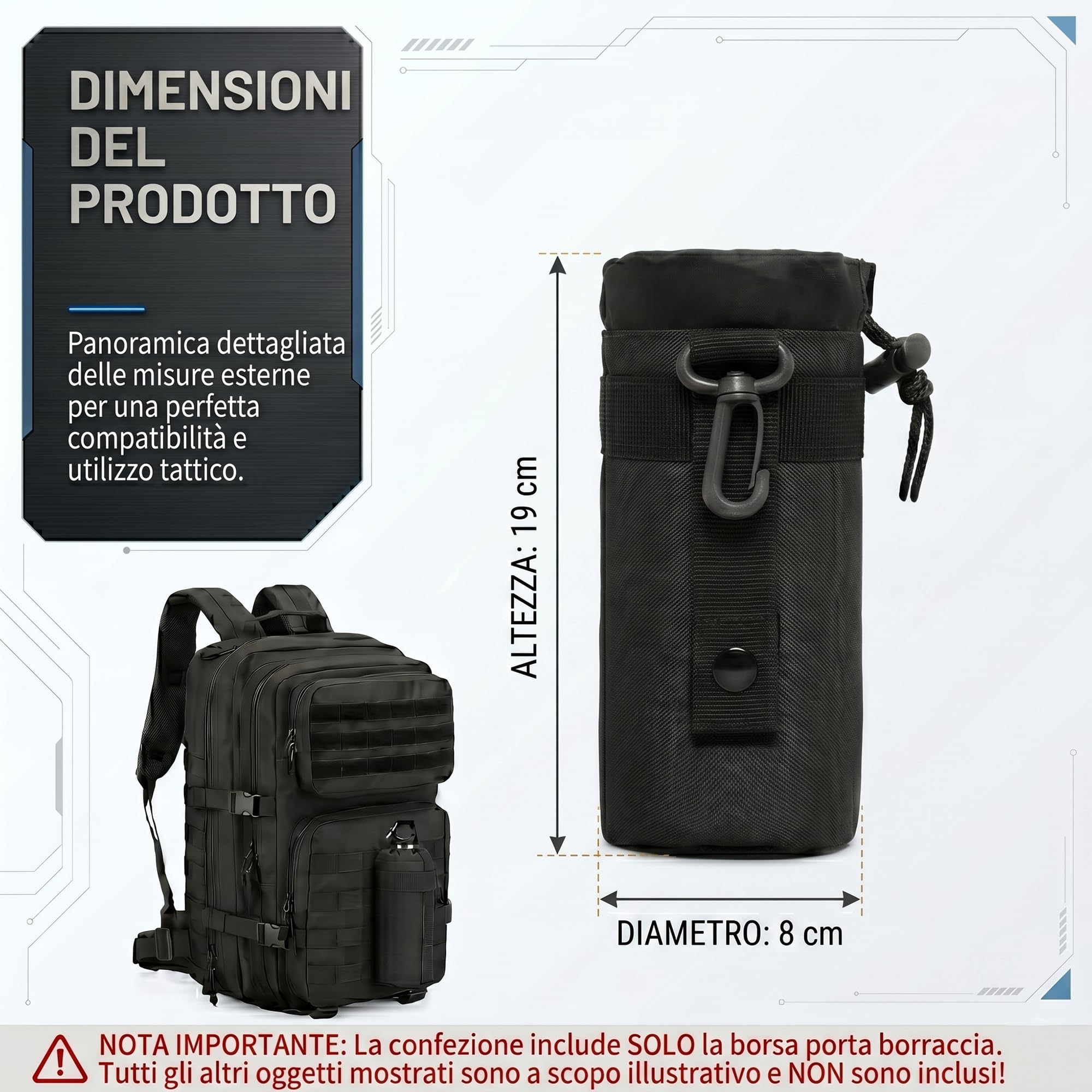 Borsa per Borraccia Molle Tattico Militare Porta Bottiglia 550ml in Nylon 600D Custodia con Tracolla e Coulisse per Sport Outdoor Ciclismo Trekking Campeggio ed Escursionismo